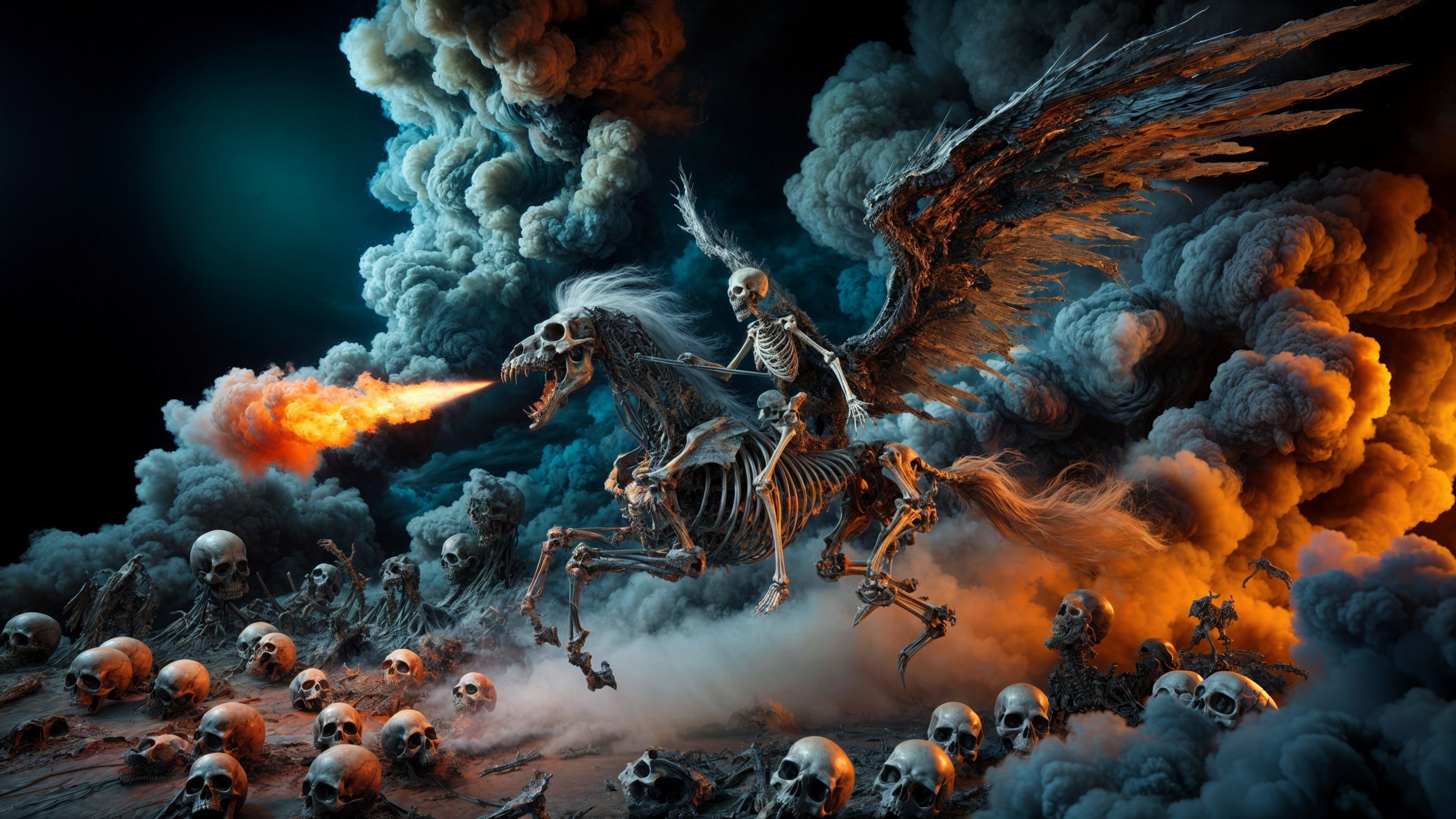 Skeletal Figure on Winged Horse in Dark Landscape