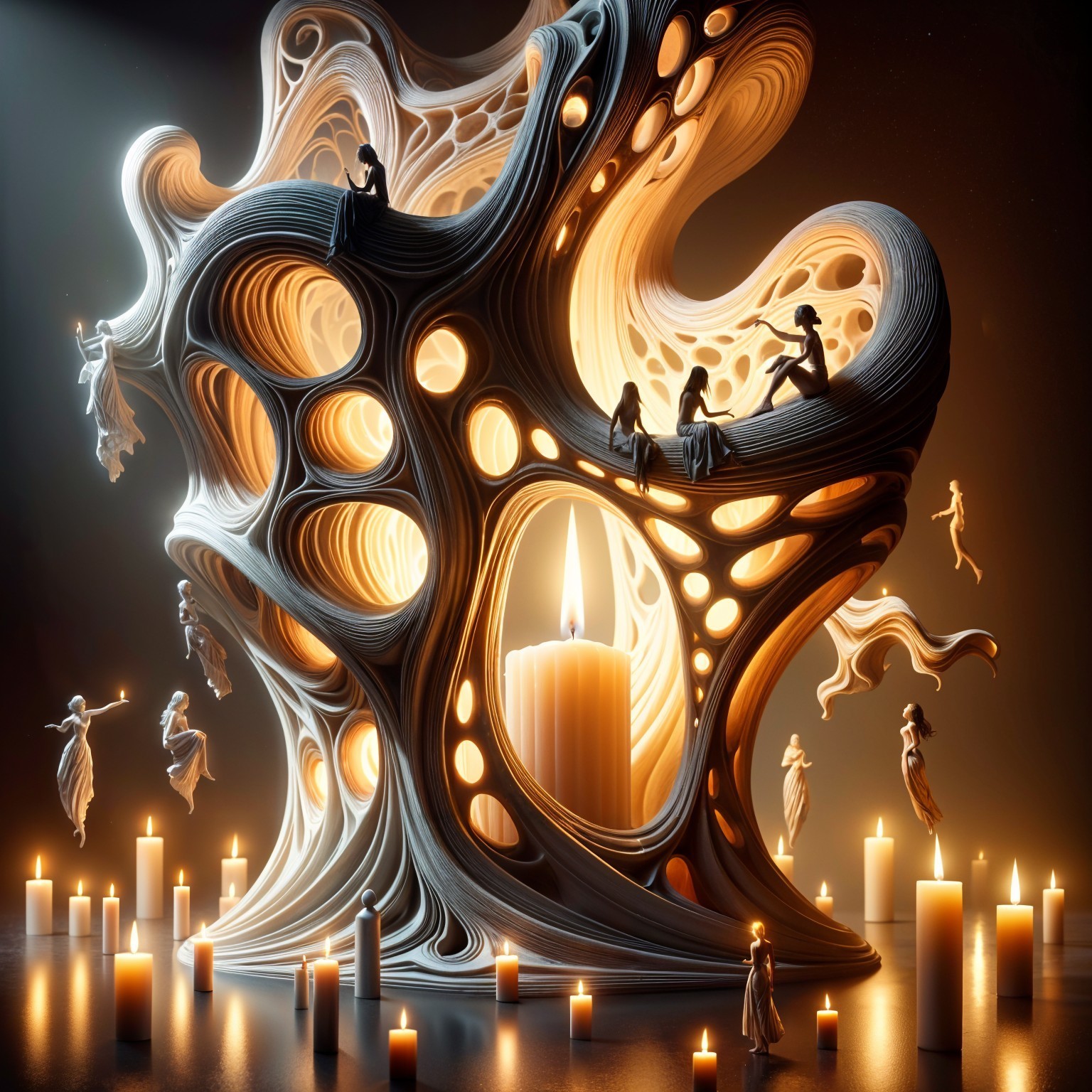 Surreal Organic Sculpture Surrounded by Flickering Candles