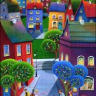 Whimsical Landscape with Colorful Houses and Trees