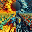 Surreal Landscape with Sunflower and Blue Flower