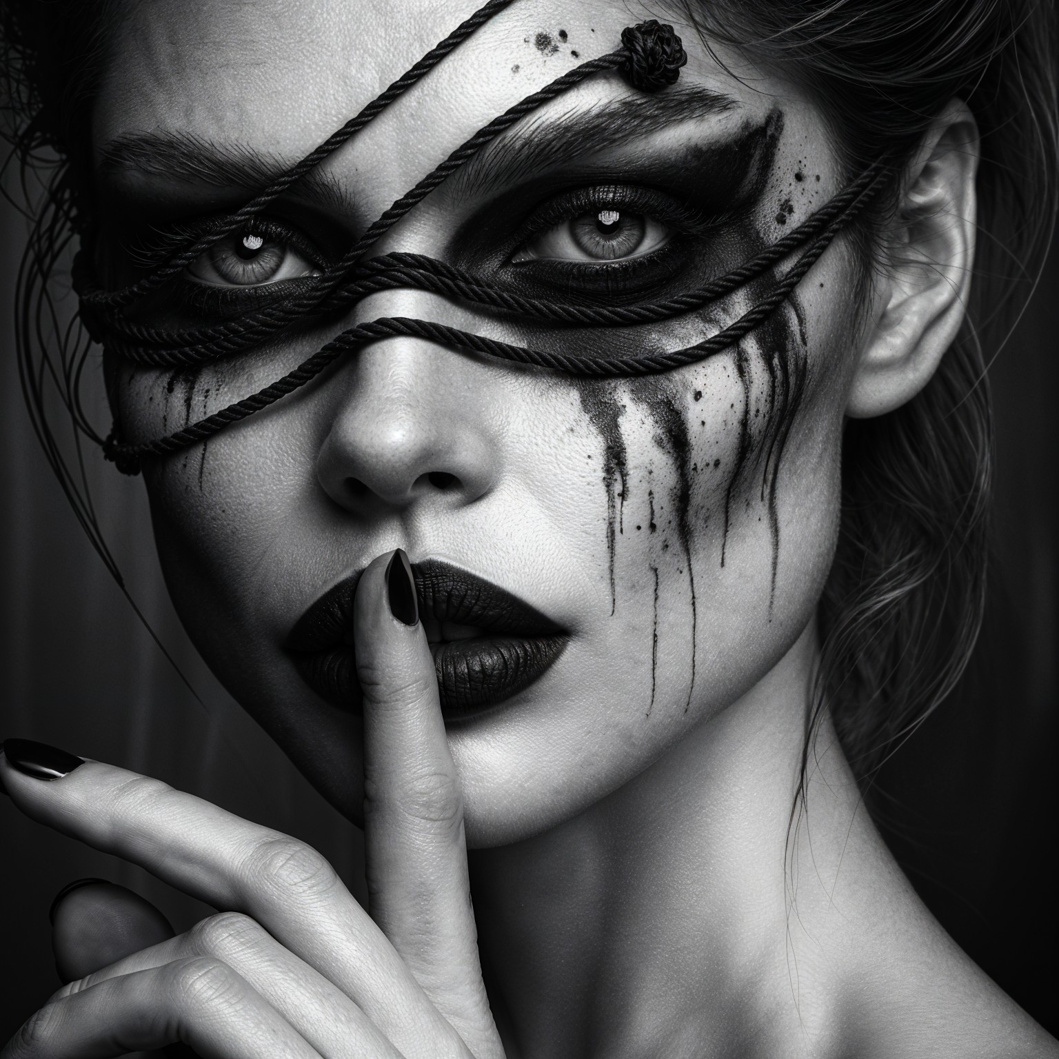 Black-and-White Portrait of Woman with Artistic Makeup