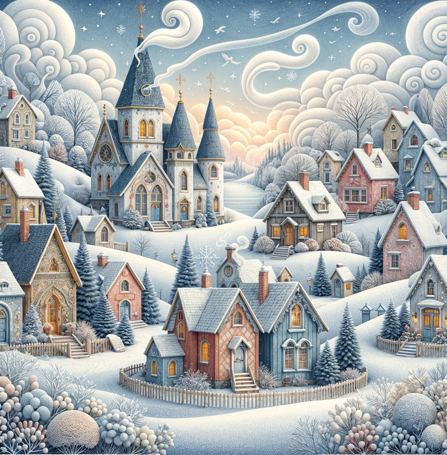 Whimsical Winter Landscape with Snow-Covered Cottages