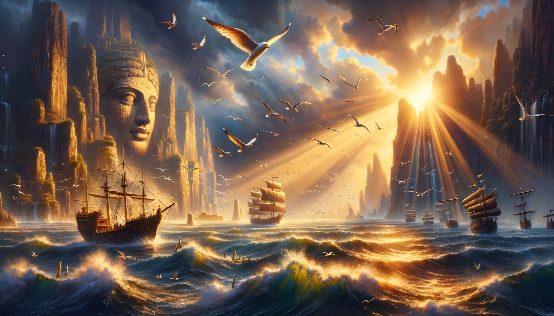 Majestic Seascape with Cliffs and Ancient Stone Face