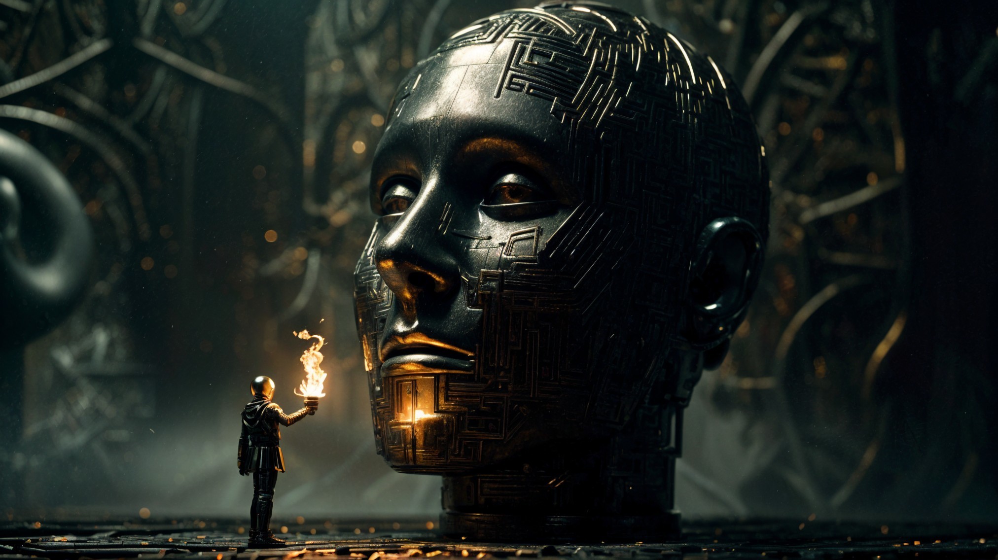 Futuristic Metallic Head with Flickering Flame Contrast