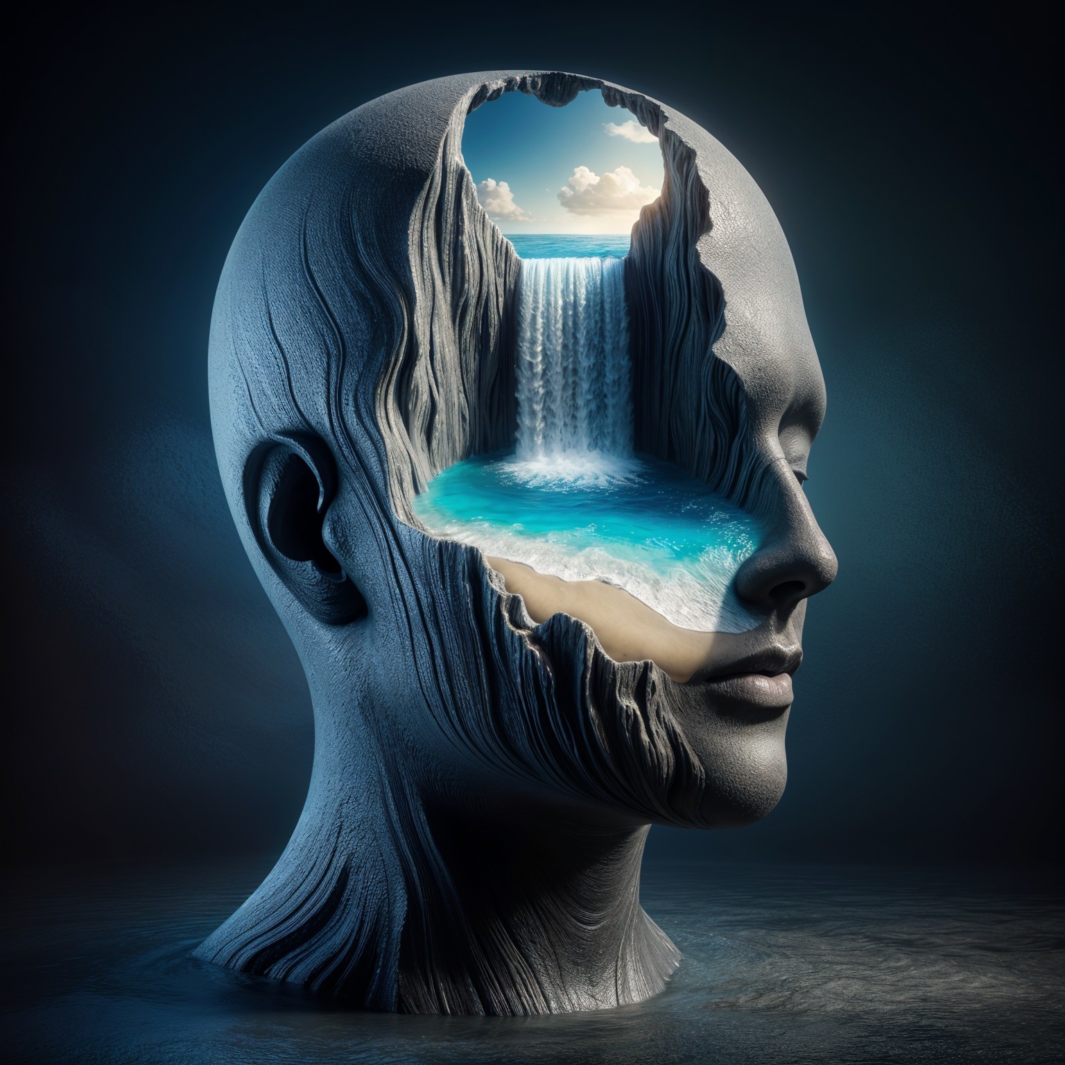 Surreal Sculpture of a Human Head with Landscape Inside