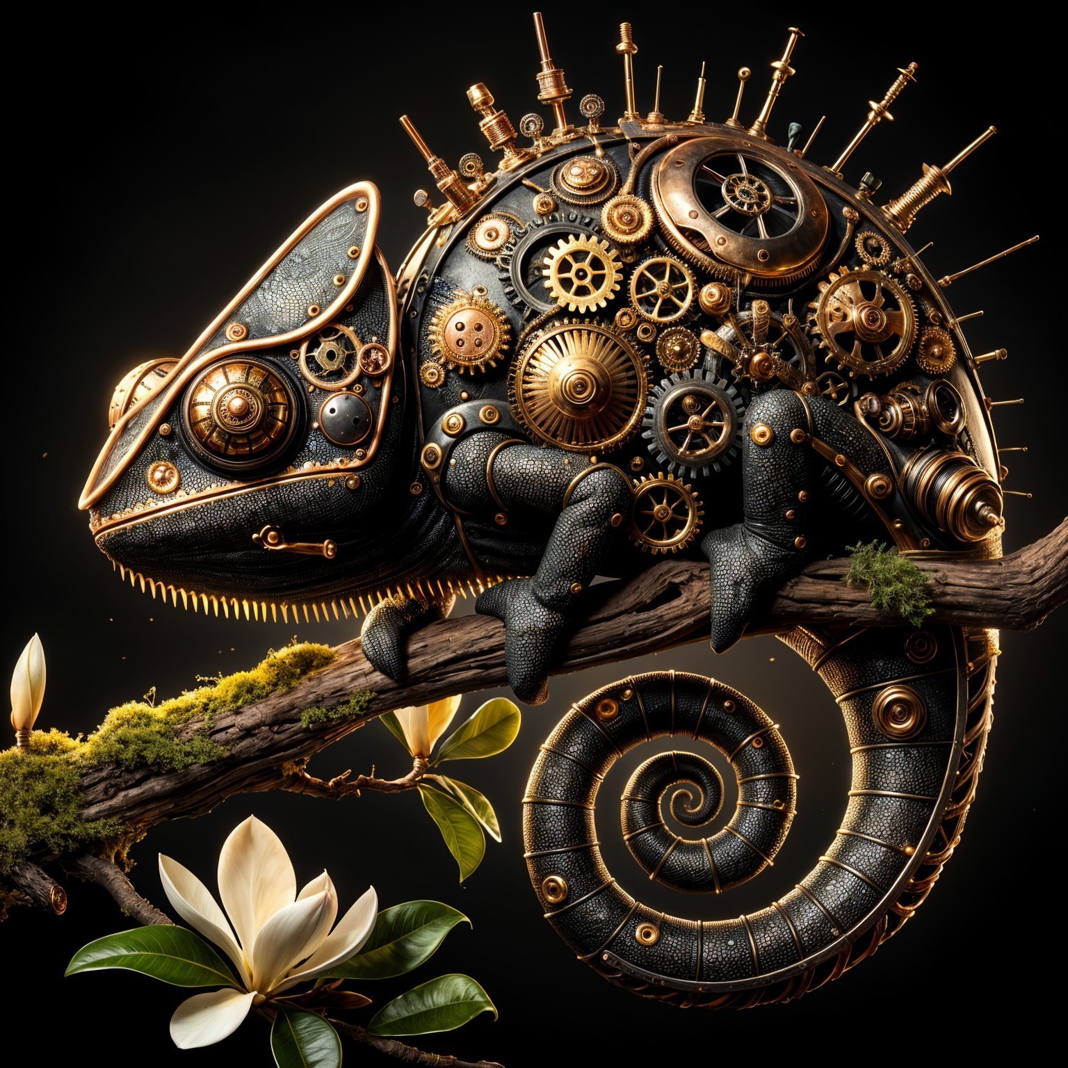 Steampunk Chameleon on Moss-Covered Branch