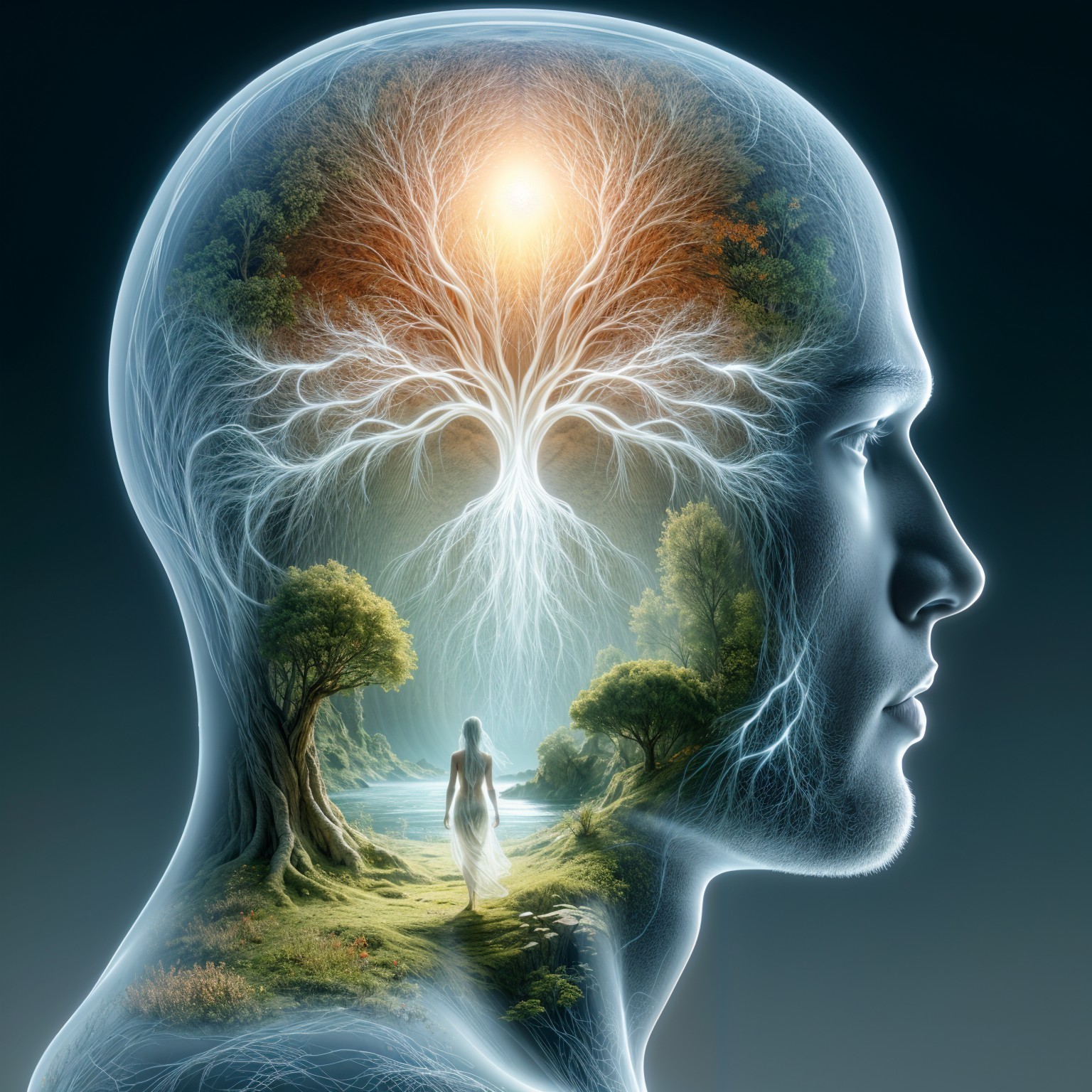 Translucent Head with Vibrant Landscape and Sunlight