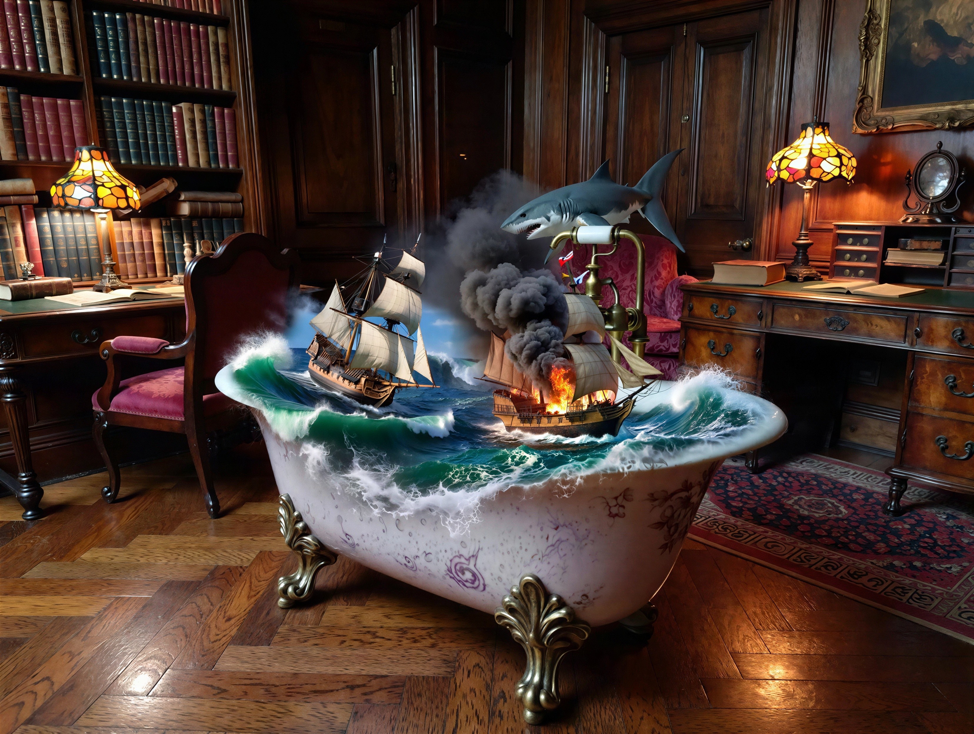 Surreal Bathtub Scene in Vintage Library Setting