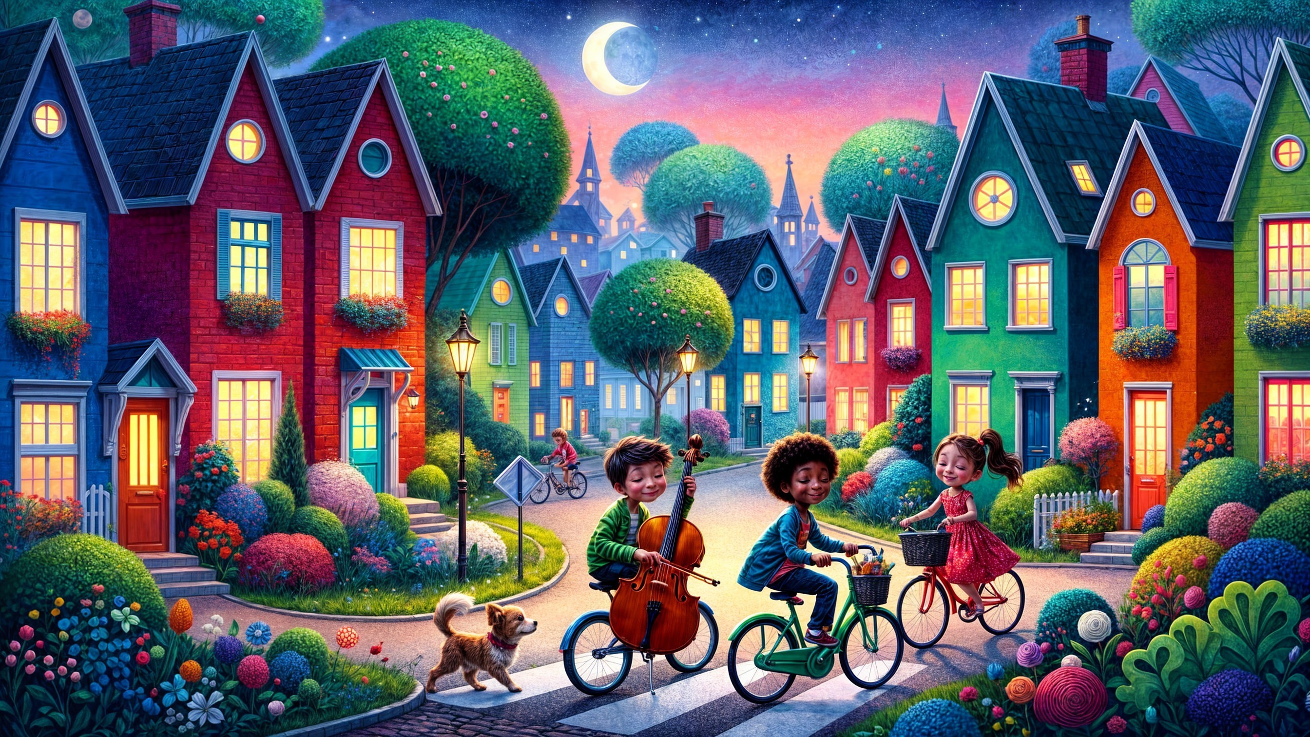 Whimsical Neighborhood Scene Under Twilight Sky