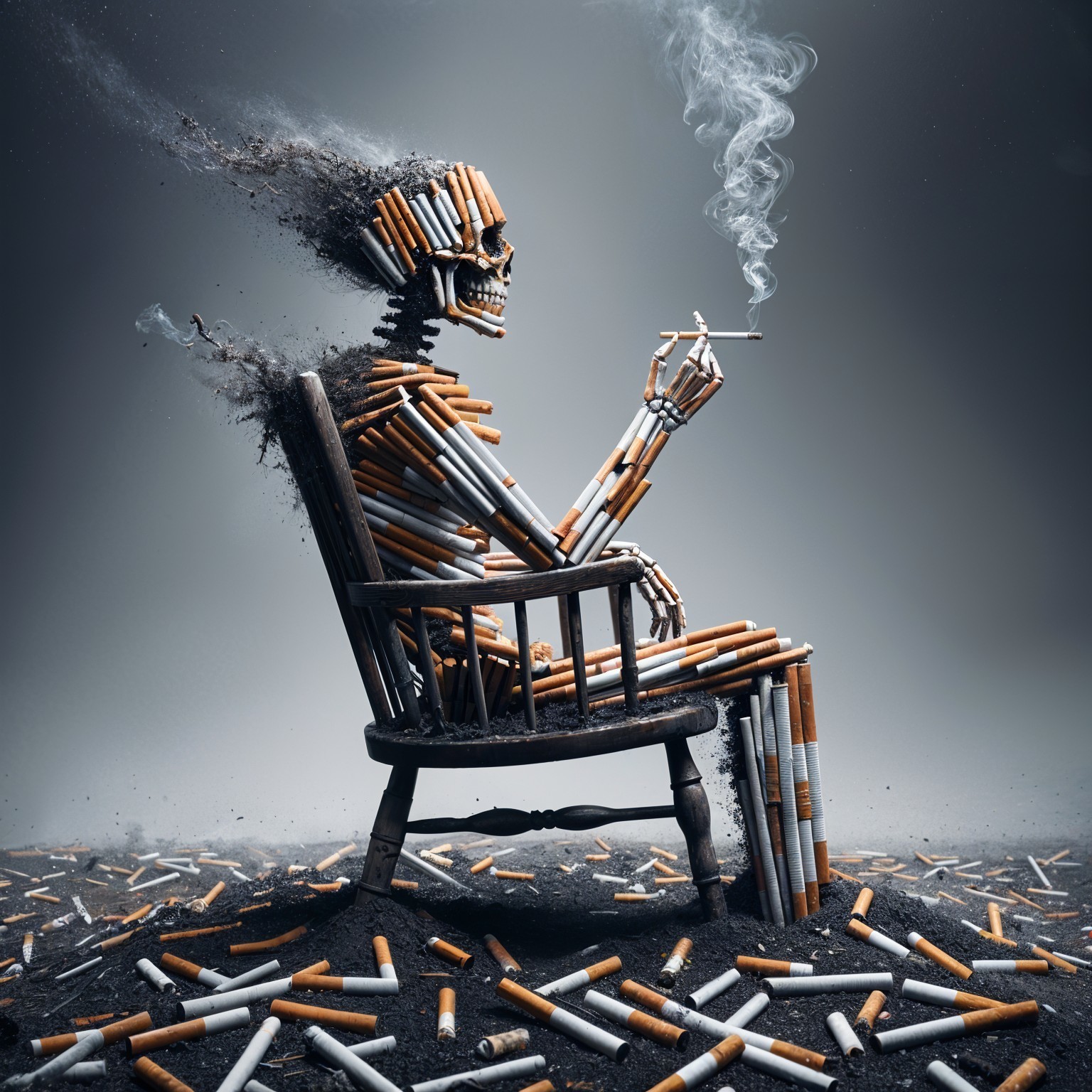 Skeleton Made of Cigarette Butts in Dark Setting