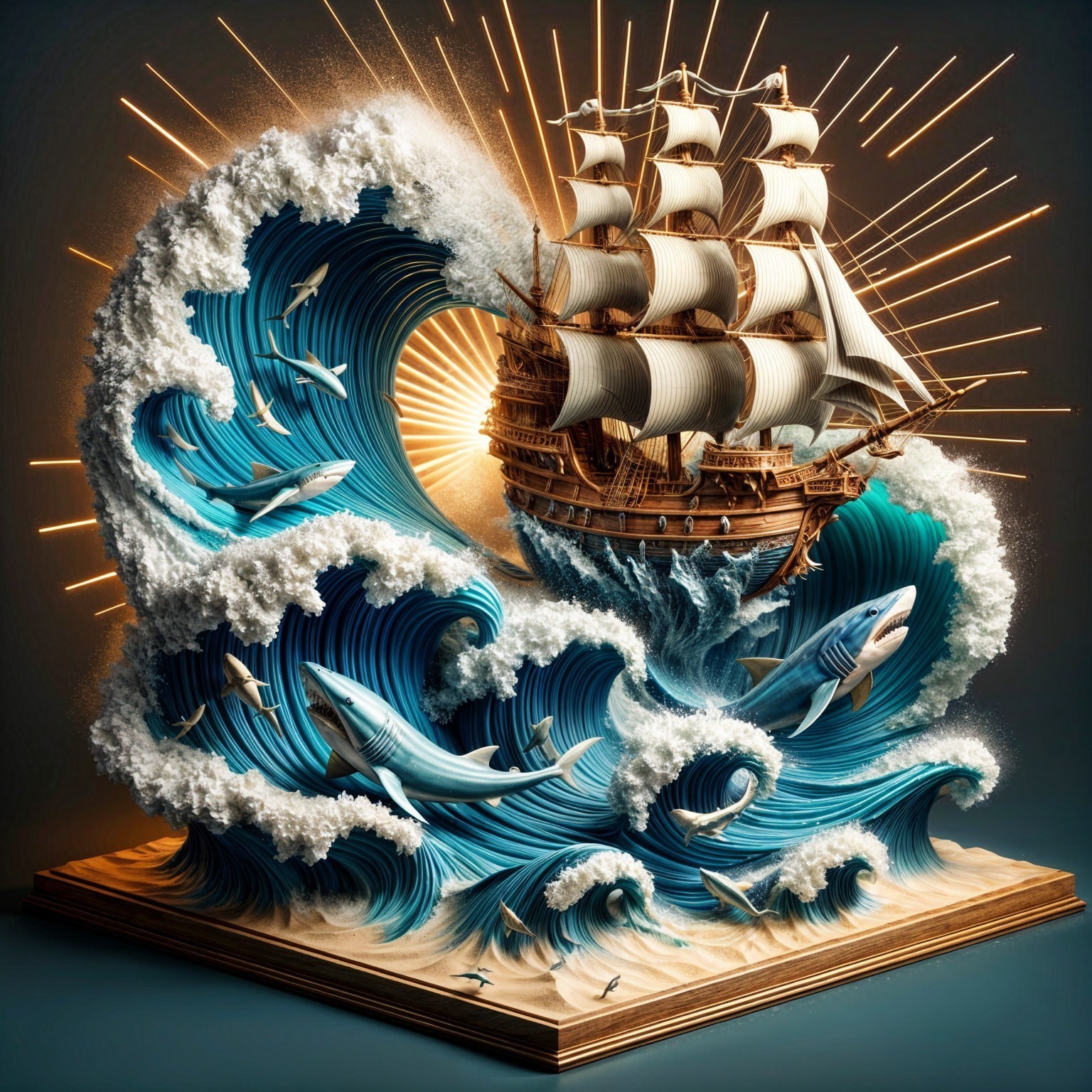 3D Artwork of Ship Sailing Through Dynamic Waves