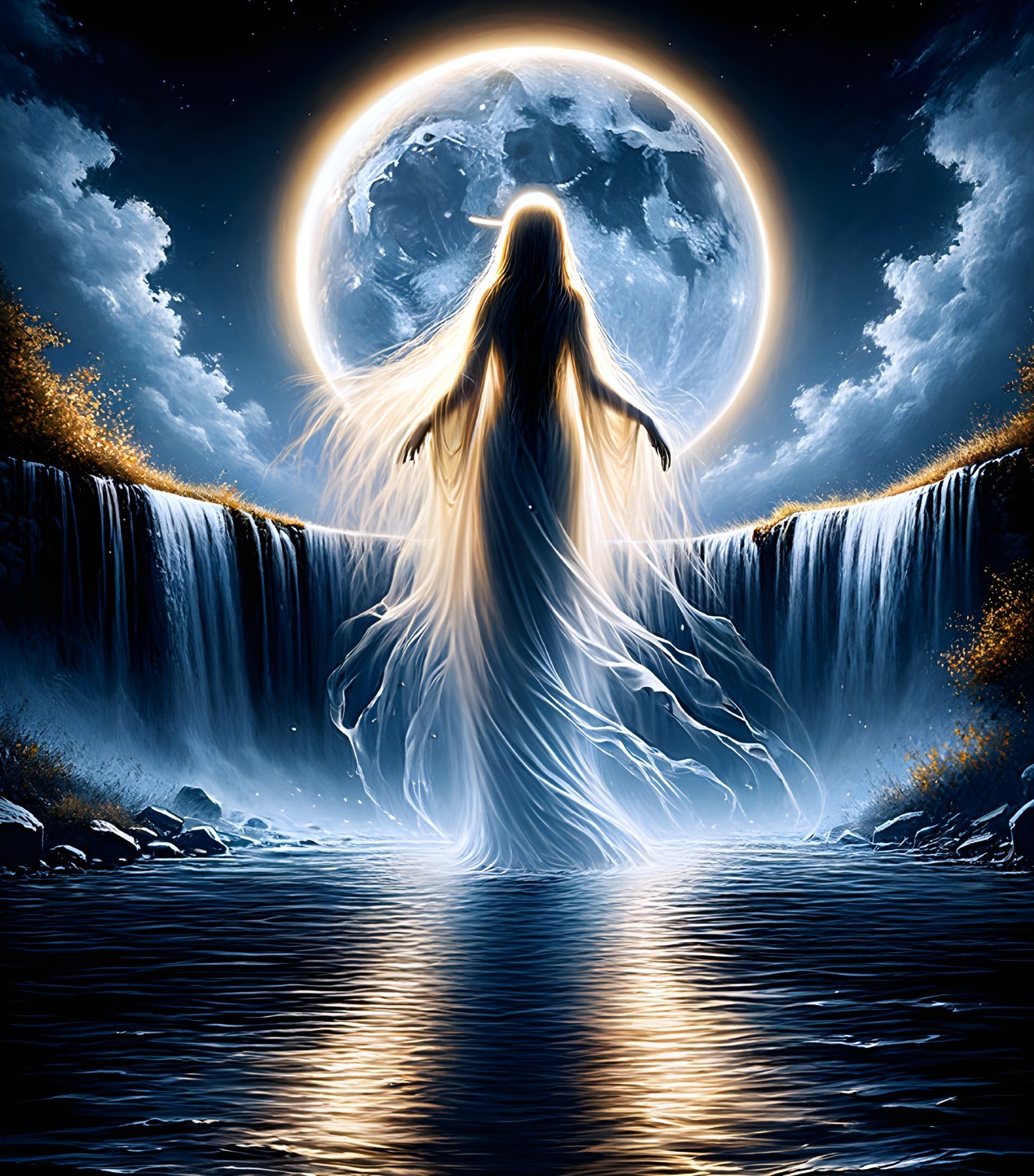 Mystical Figure in Serene Landscape with Waterfalls
