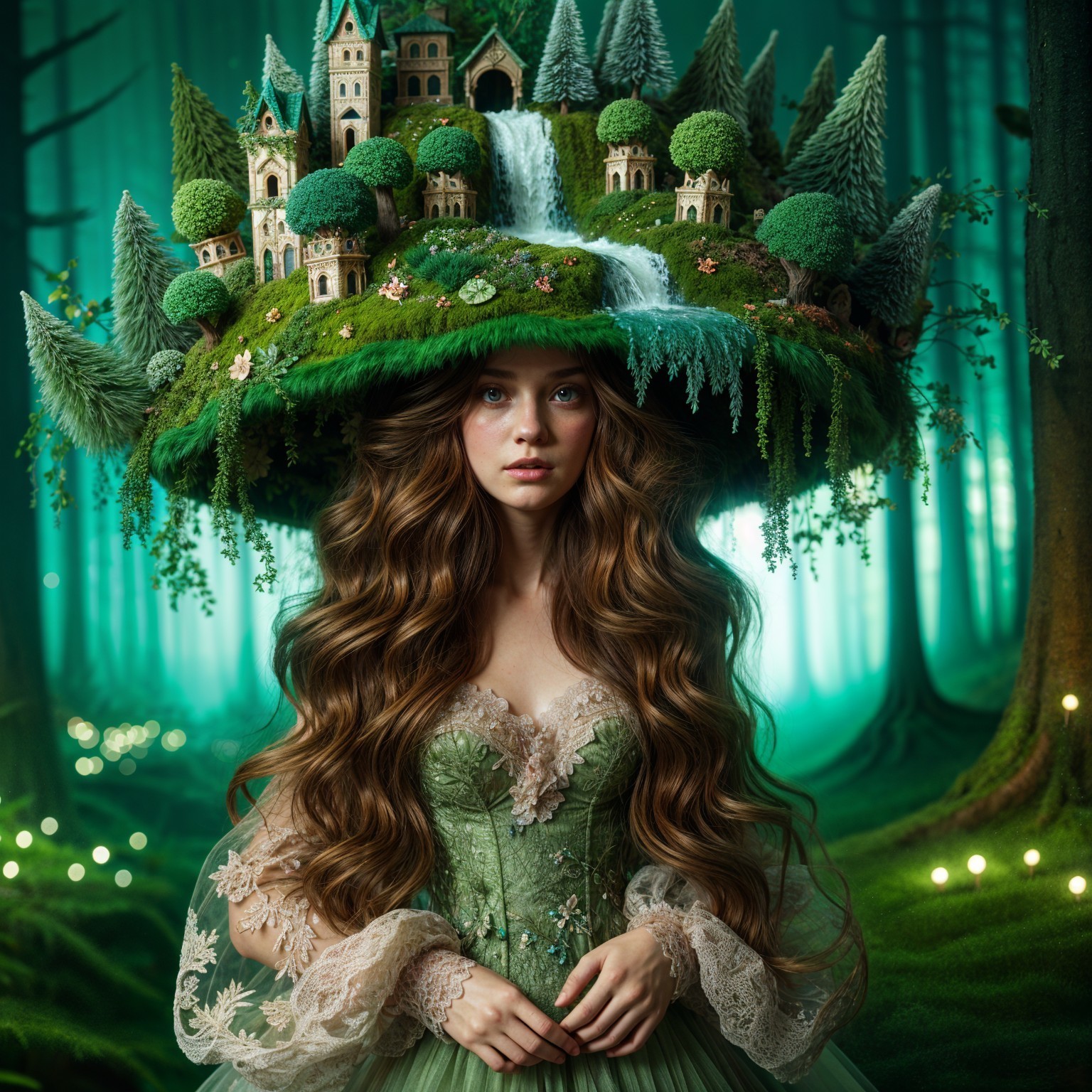 Young woman in forest with whimsical hair landscape