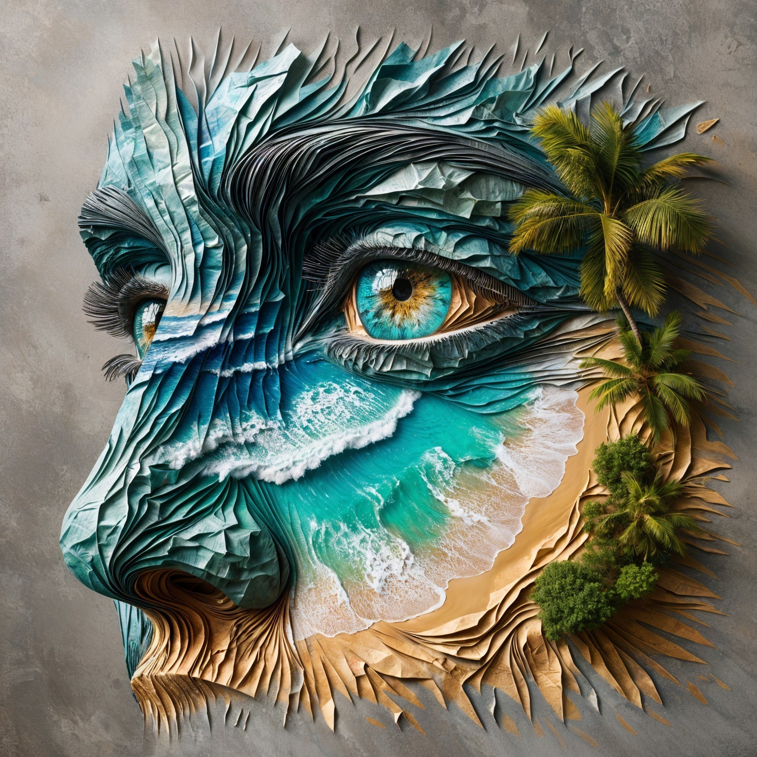Intricate Face Artwork Blending Nature and Ocean Elements