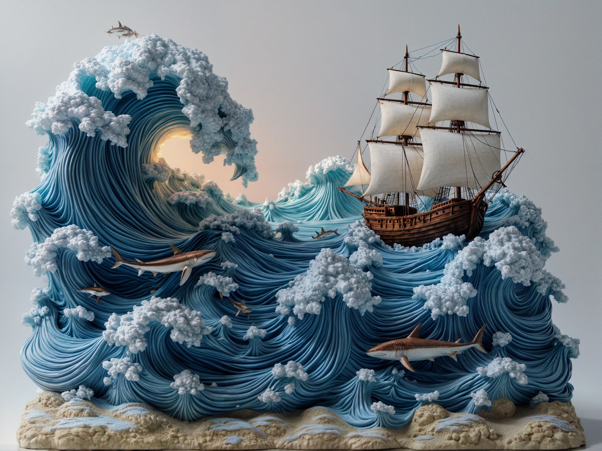 Dynamic Ocean Waves with Ship and Sharks Scene