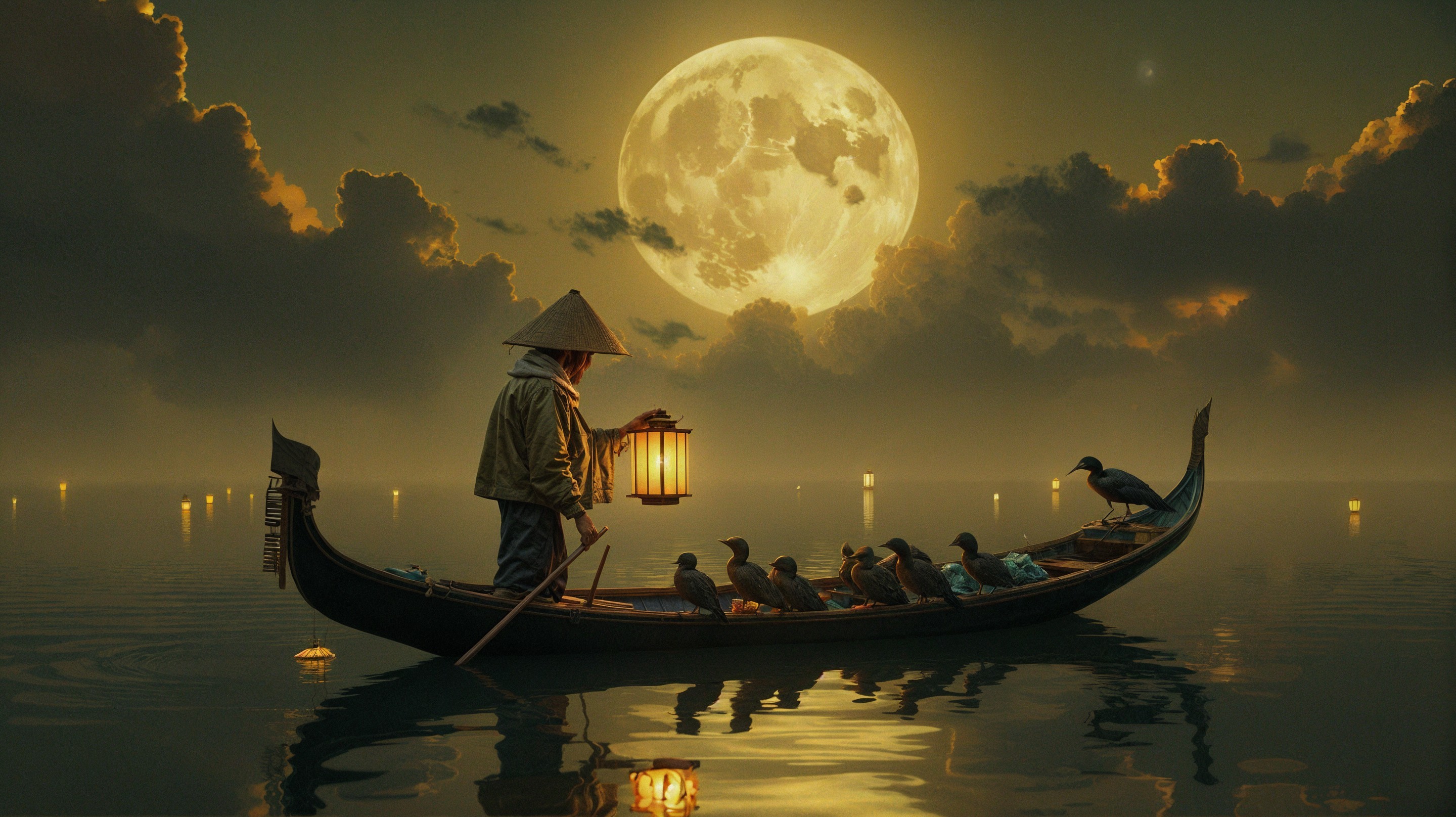 Lone Figure in Boat Under Full Moon with Ducks