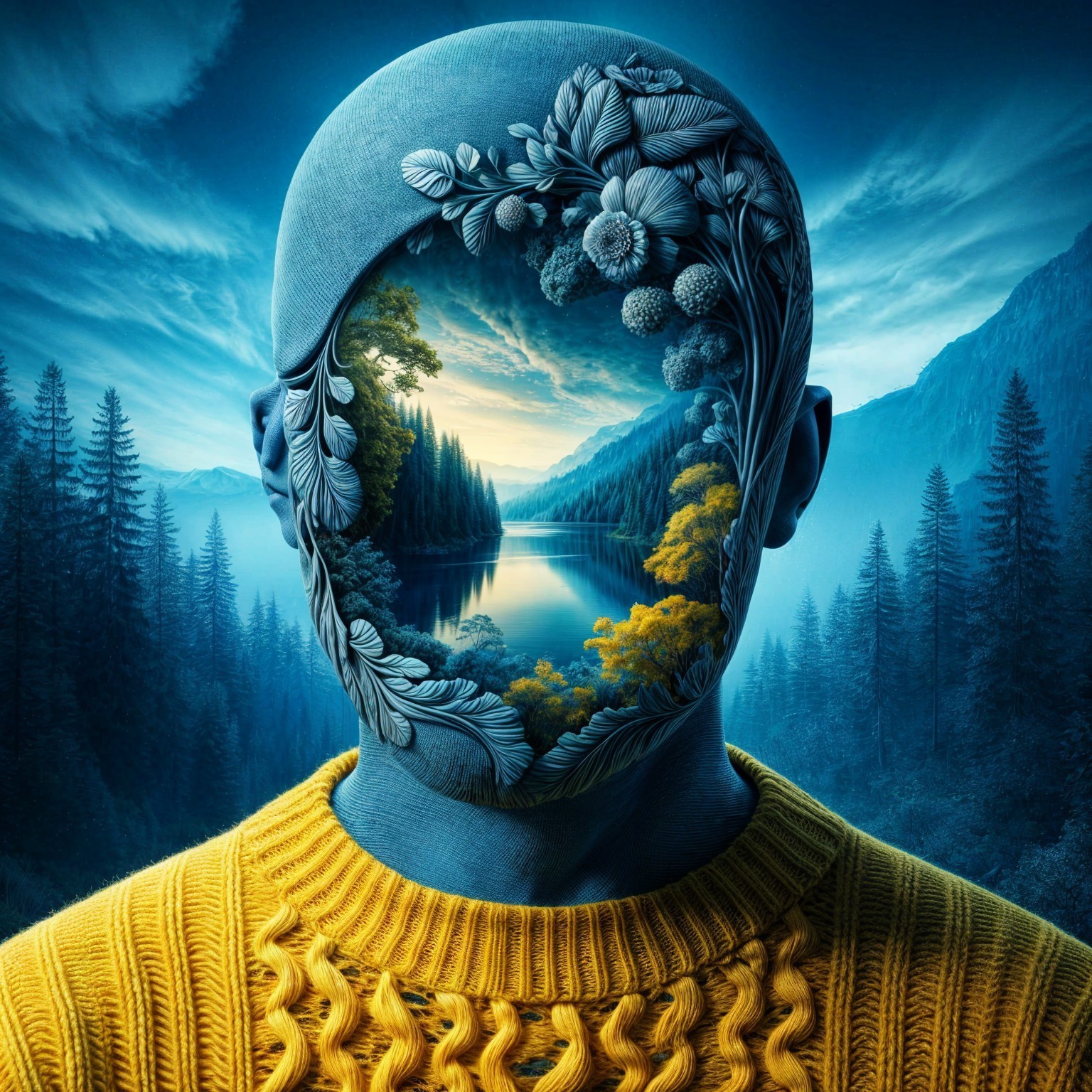 Surreal Blue-Skinned Figure with Landscape Carving