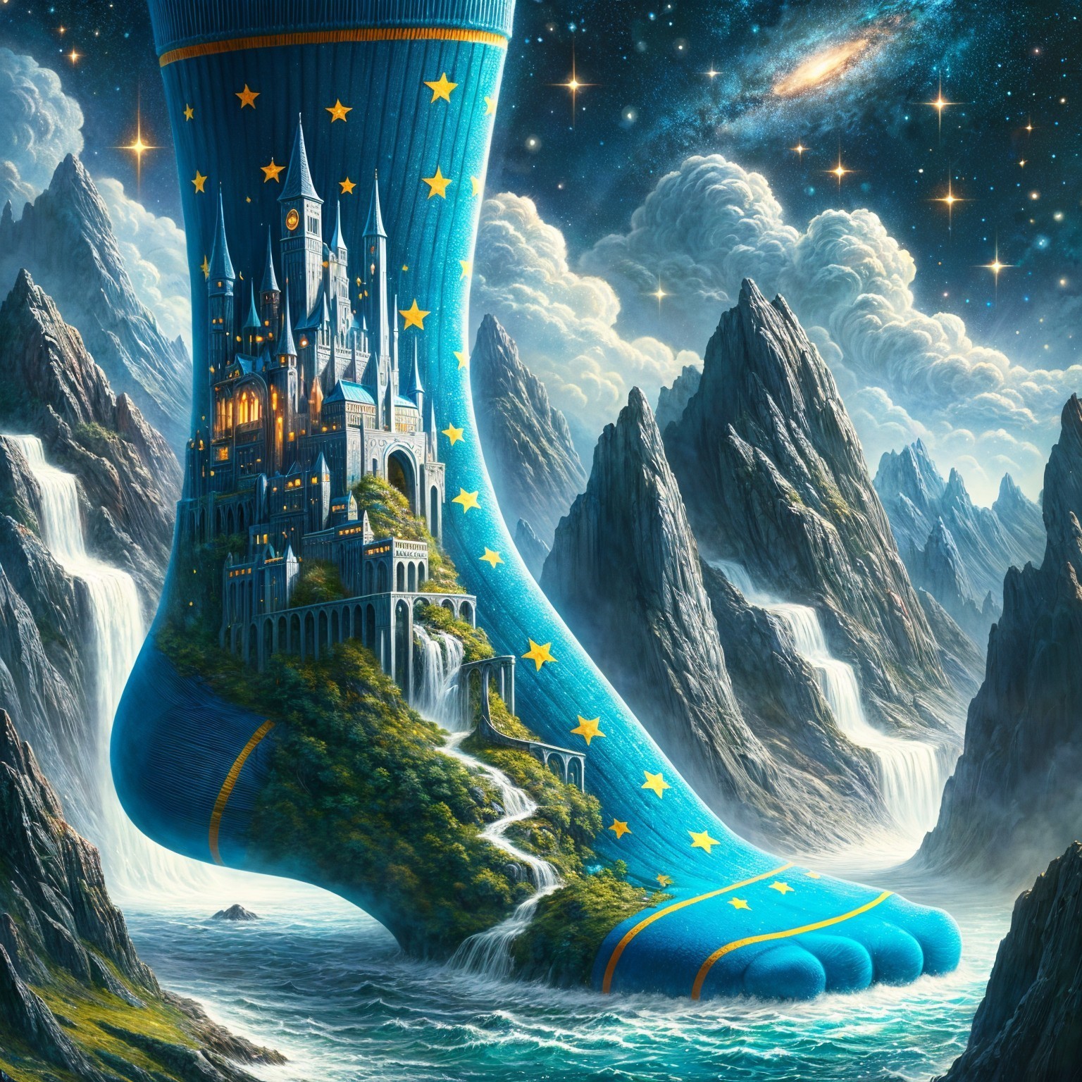 Vibrant Blue Sock with Castle and Night Sky Design