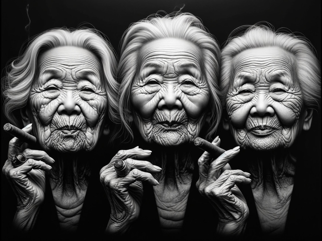 Triptych of Elderly Woman with Cigars in Monochrome