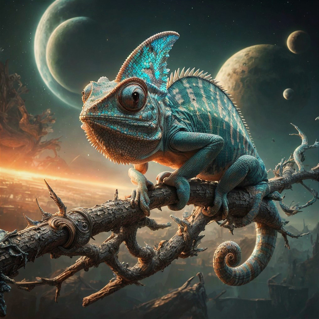 Vibrant Chameleon on Gnarled Branch in Cosmic Scene