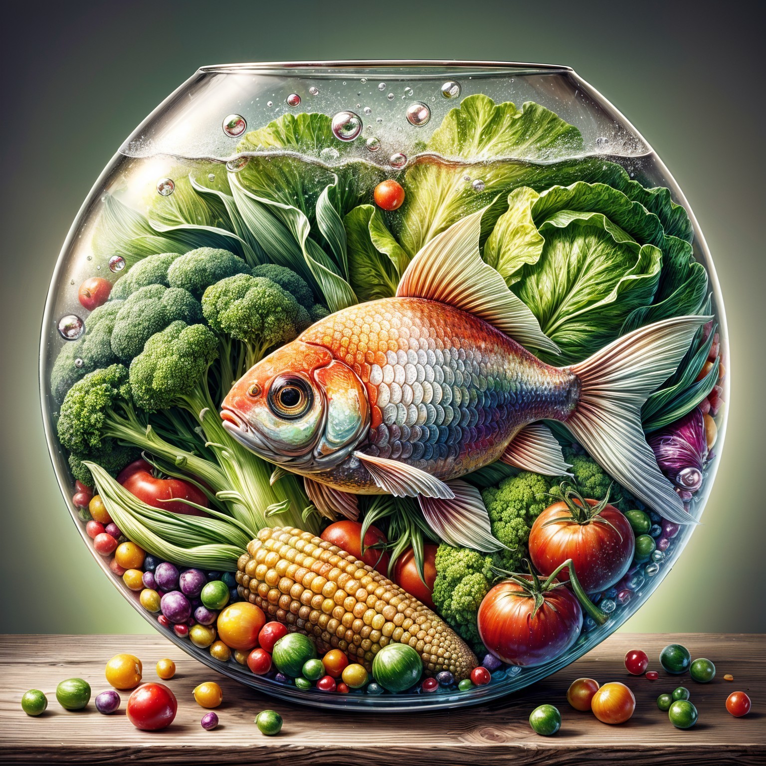 Vibrant Fishbowl with Fish and Colorful Vegetables