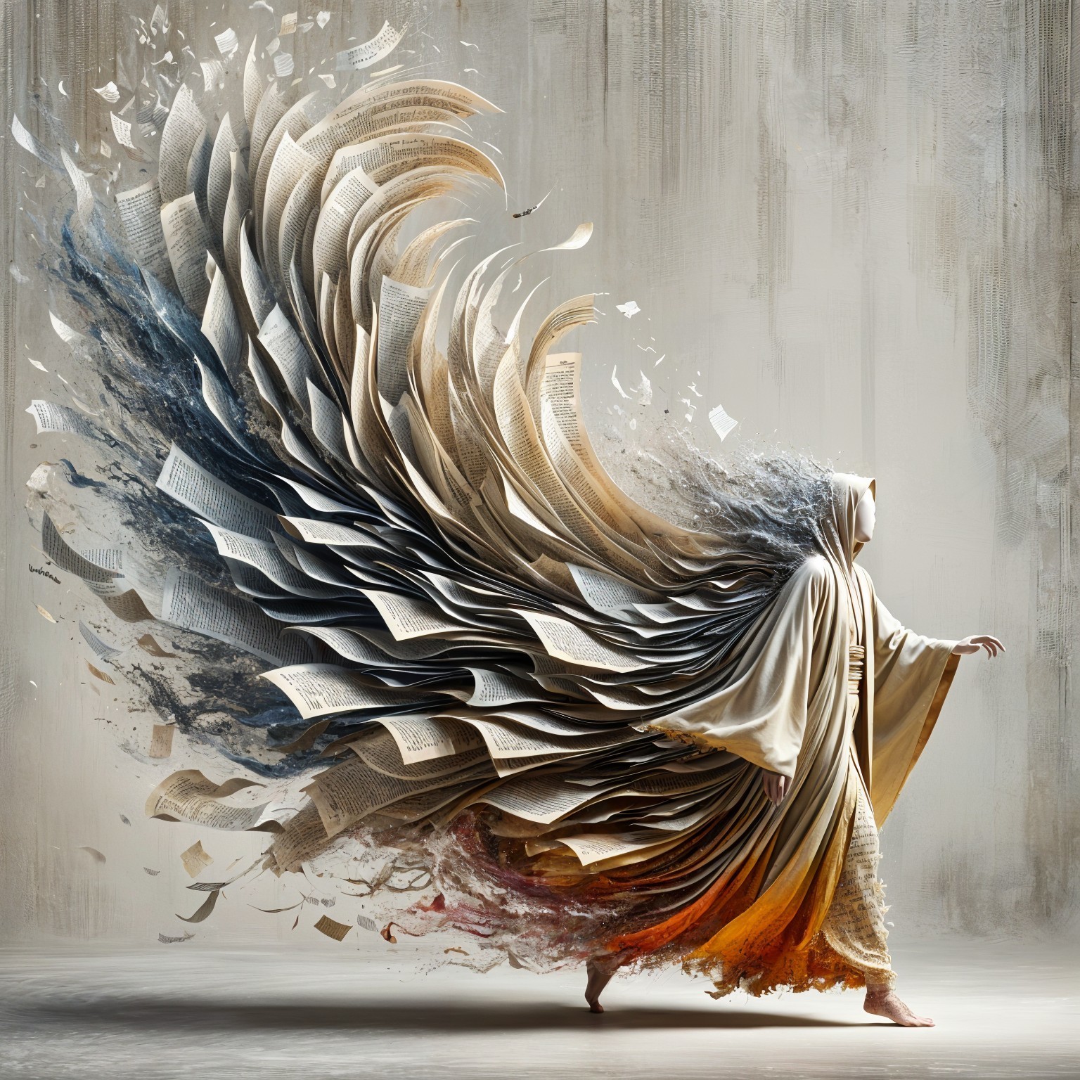 Figure in flowing robes with pages as hair