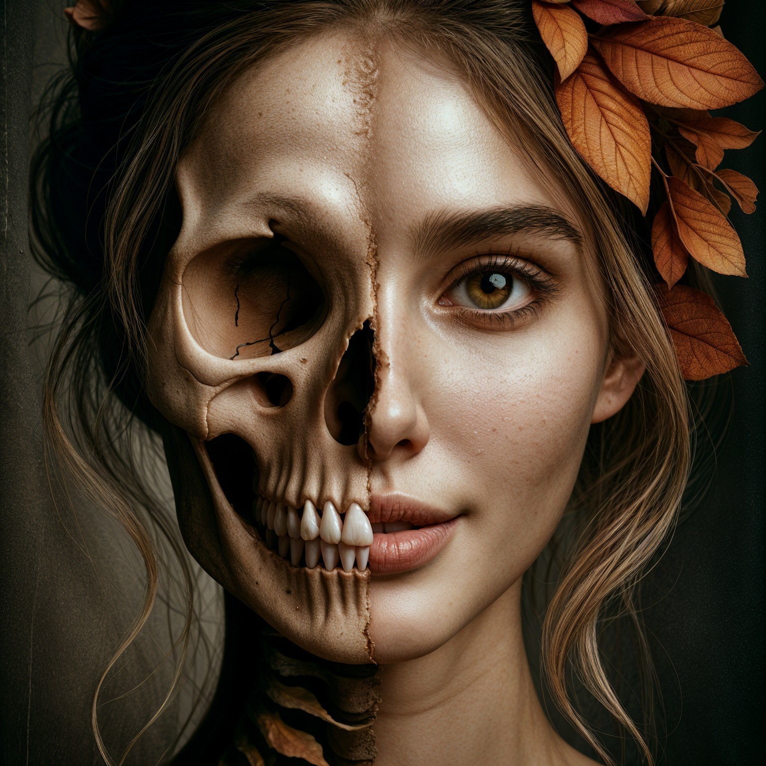 Half-and-Half Portrait of Woman with Skull and Leaves