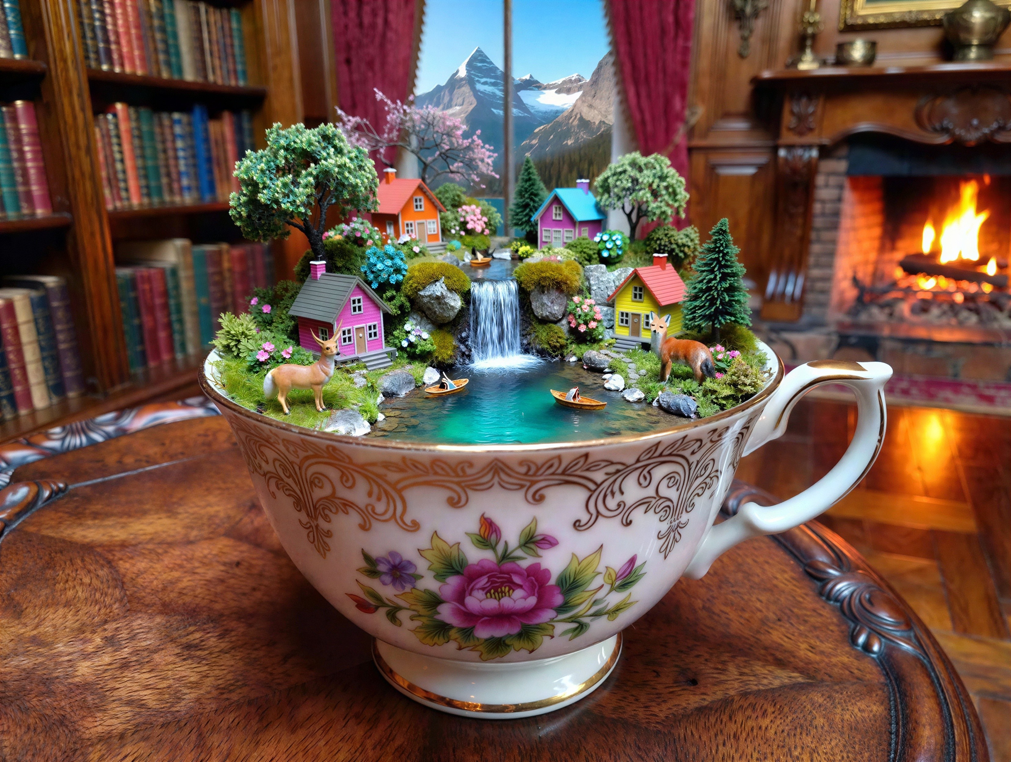 Miniature Village Diorama in Porcelain Teacup Scene