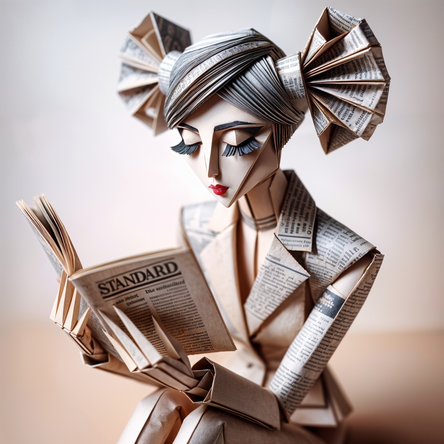 Paper Sculpture of a Woman Reading a Newspaper