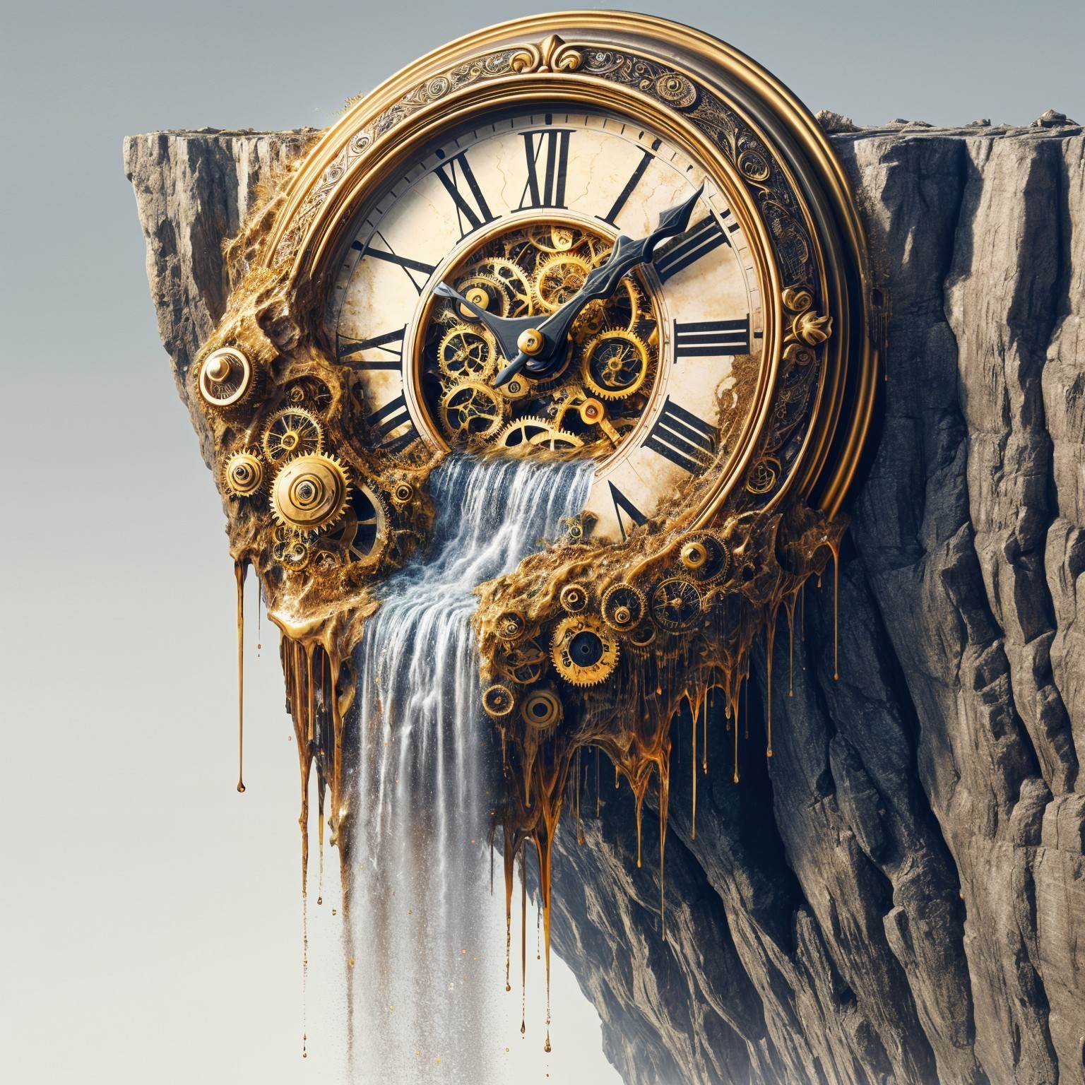 Surreal Clock with Dripping Gold on Rocky Cliff