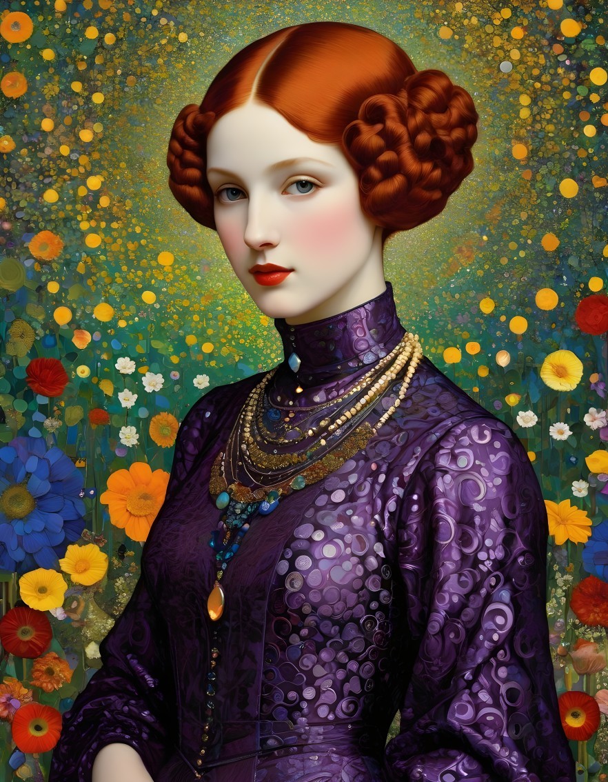 Young woman with red hair in purple dress among flowers