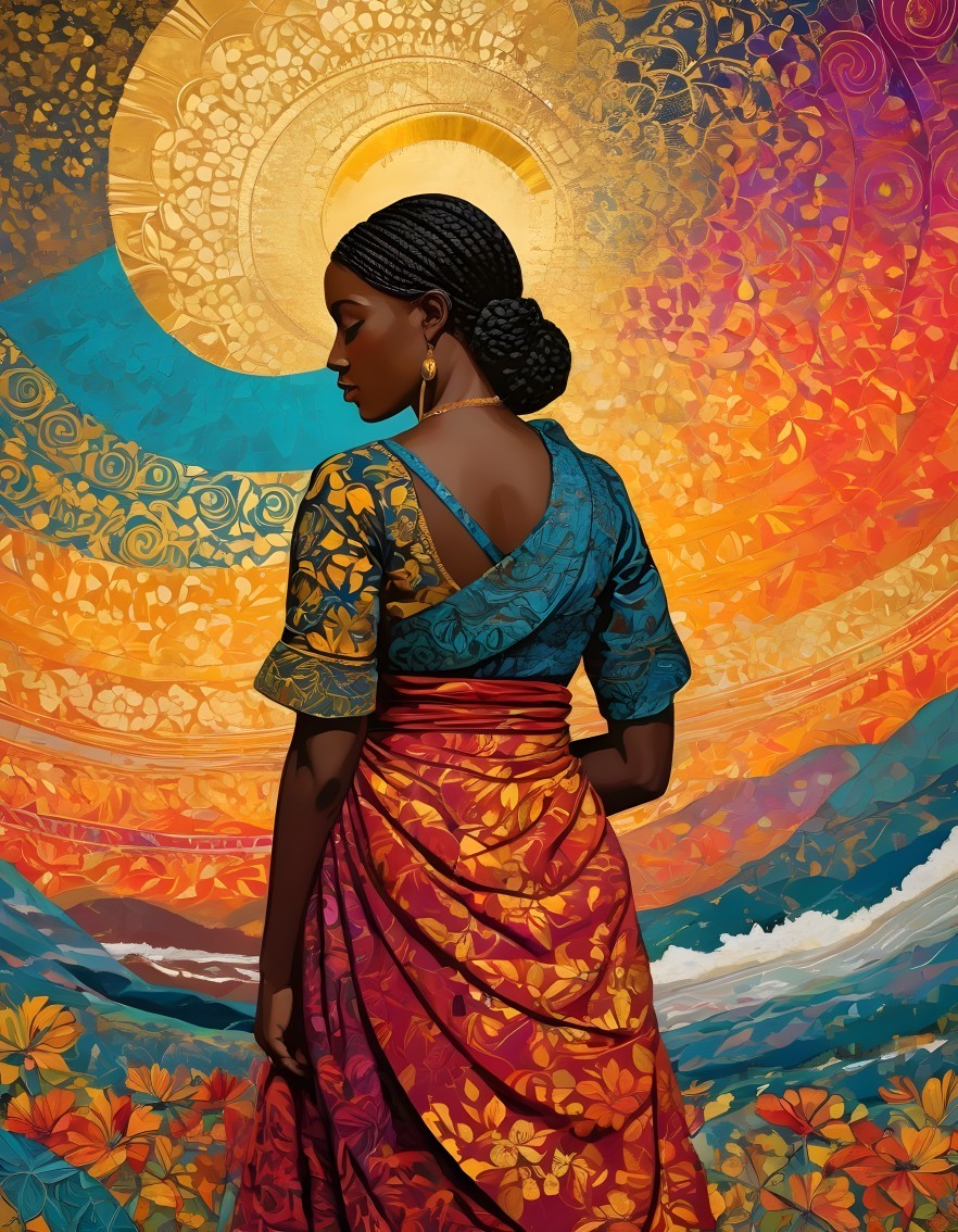 Woman in Colorful Floral Outfit Against Vibrant Background