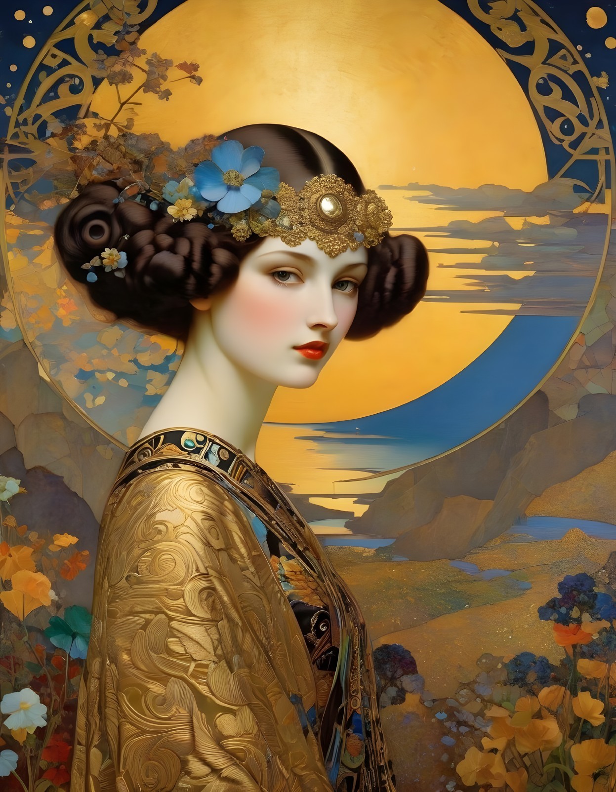 Elegant Woman in Ornate Golden Robe with Moonlit Background