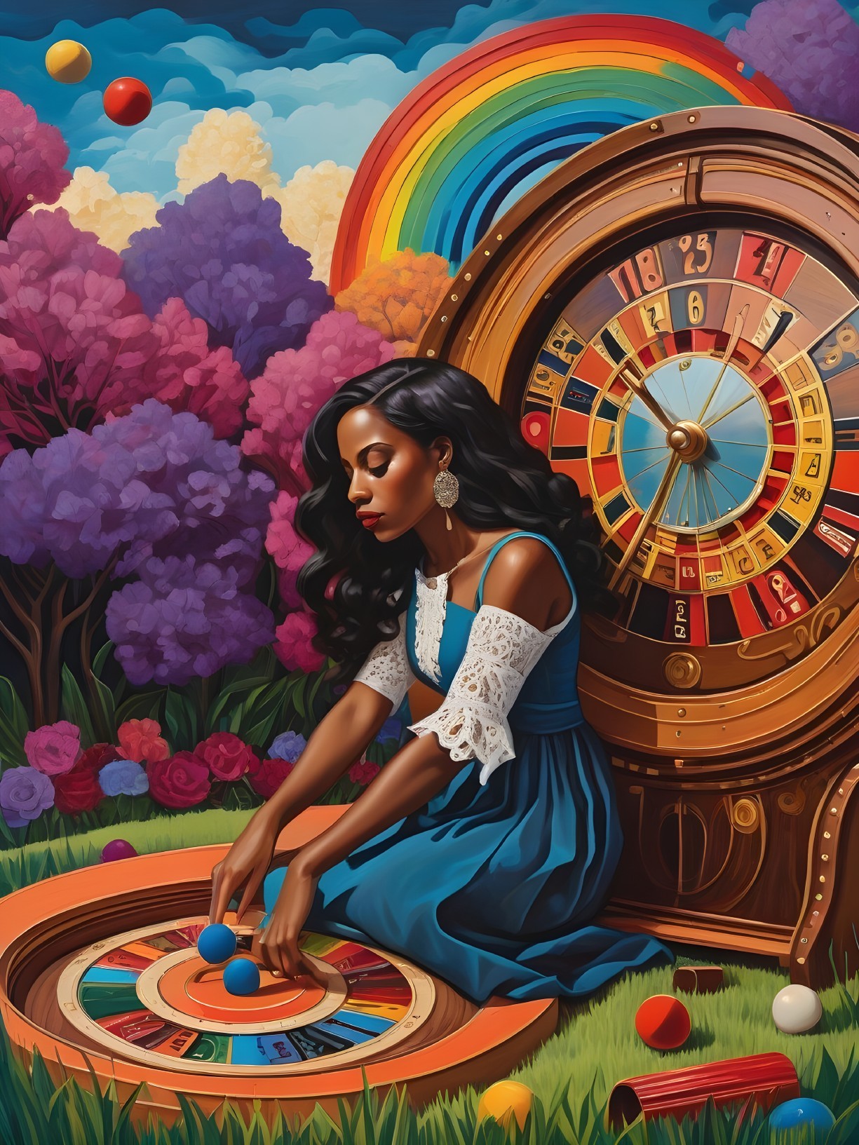 Woman in Blue Dress with Spinning Roulette Wheel