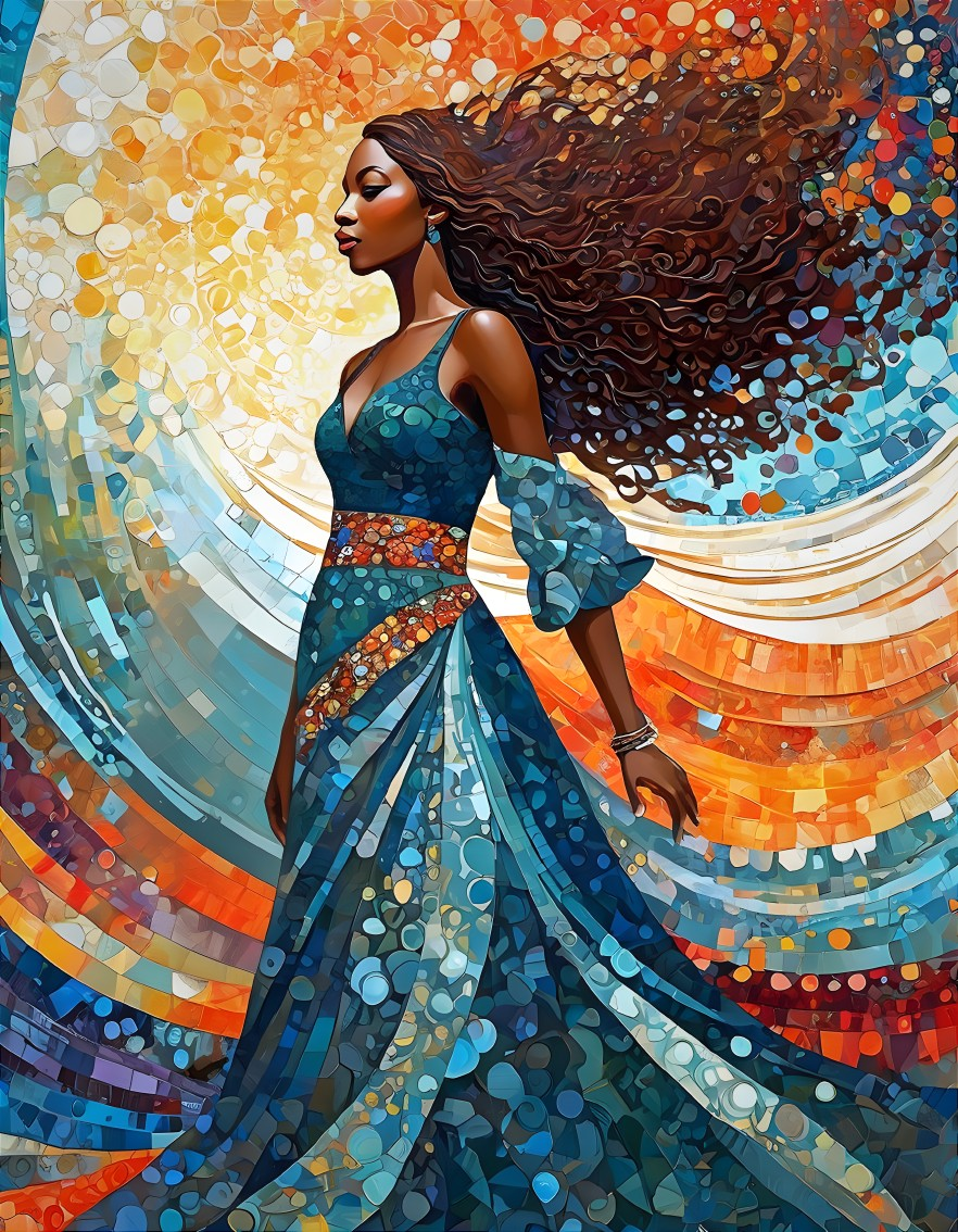 Stunning woman in vibrant patterned dress with curls