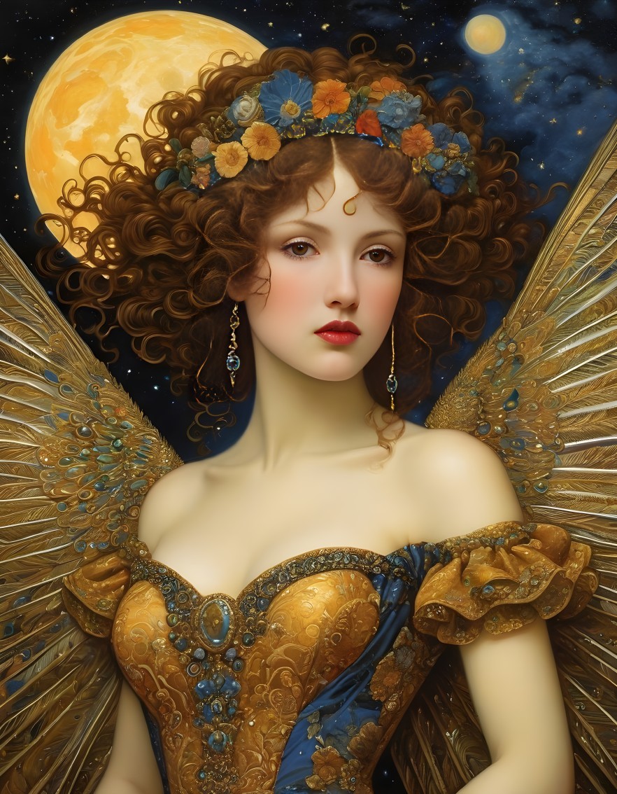 Mystical figure with floral crown and golden dress