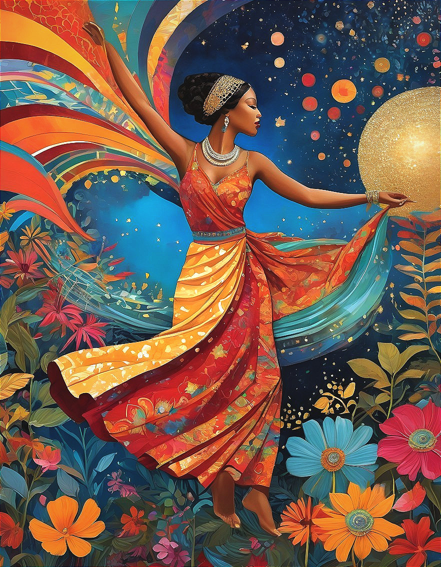 Vibrant Artwork of Woman in Flowing Dress and Colors