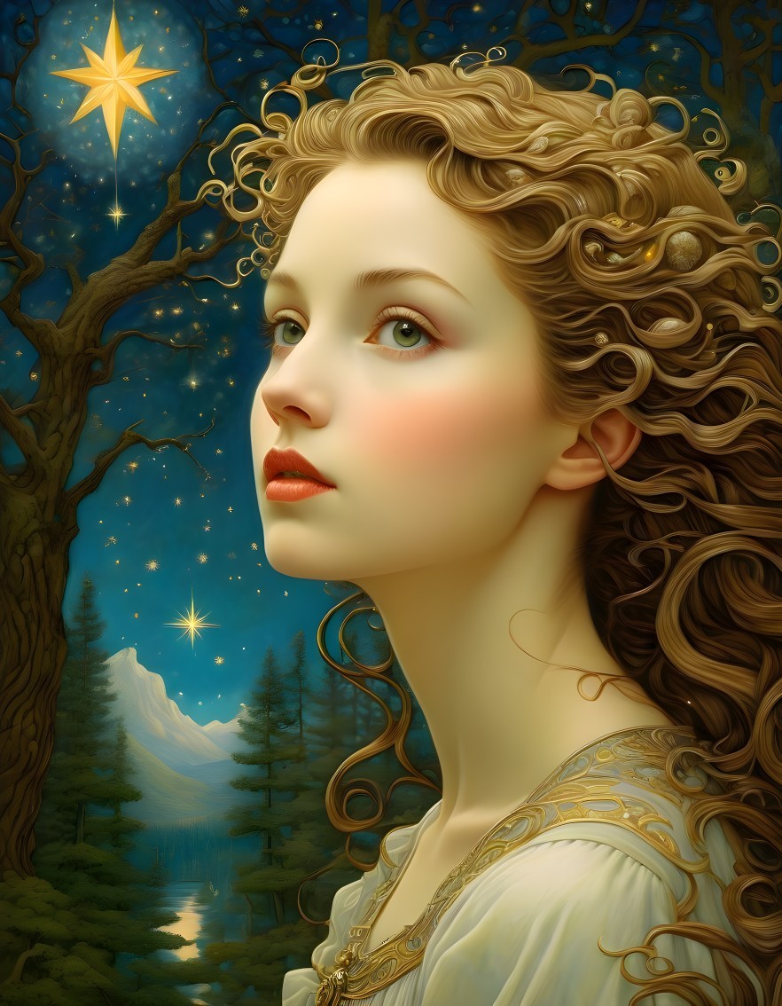Young woman in elegant gown under starlit sky