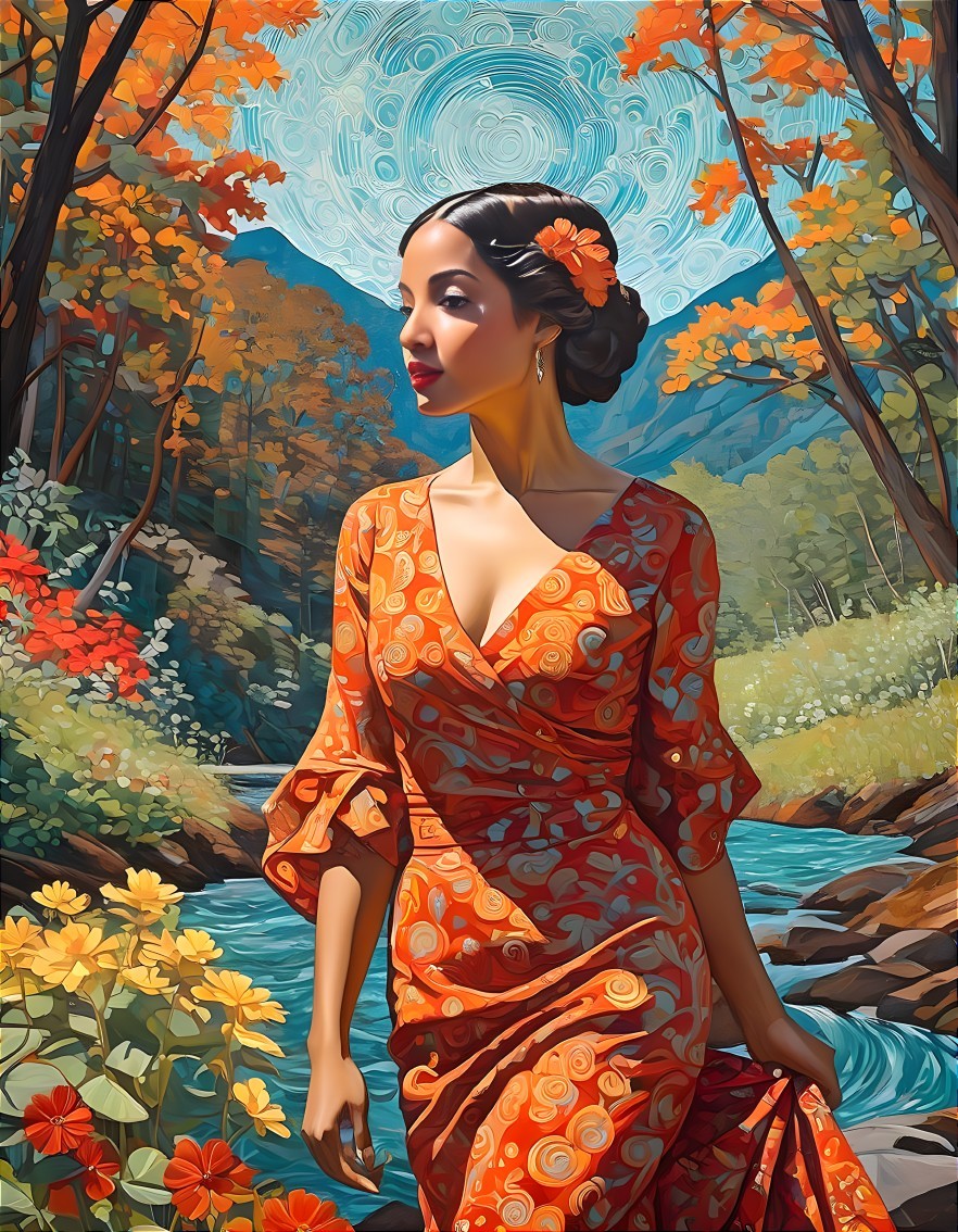 Woman in Orange Dress by Serene Autumn Stream