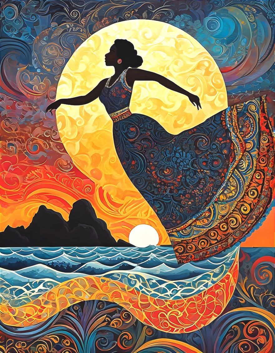 Silhouetted Woman Dancing with Moon and Sunset Background