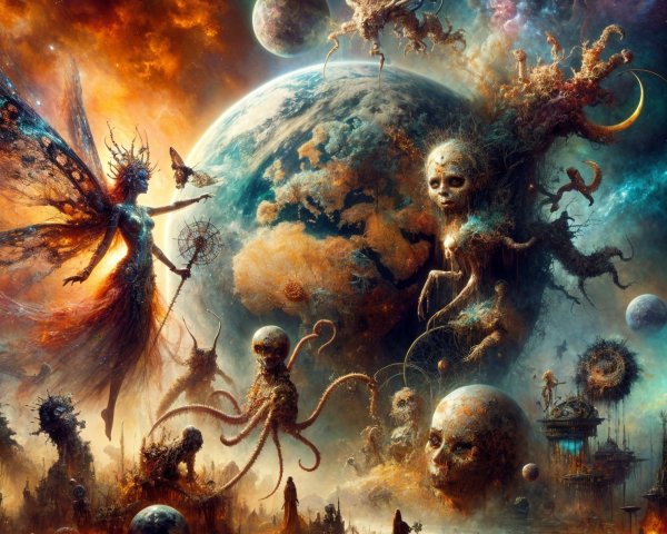 Surreal Cosmic Landscape with Ethereal Fairy and Creatures