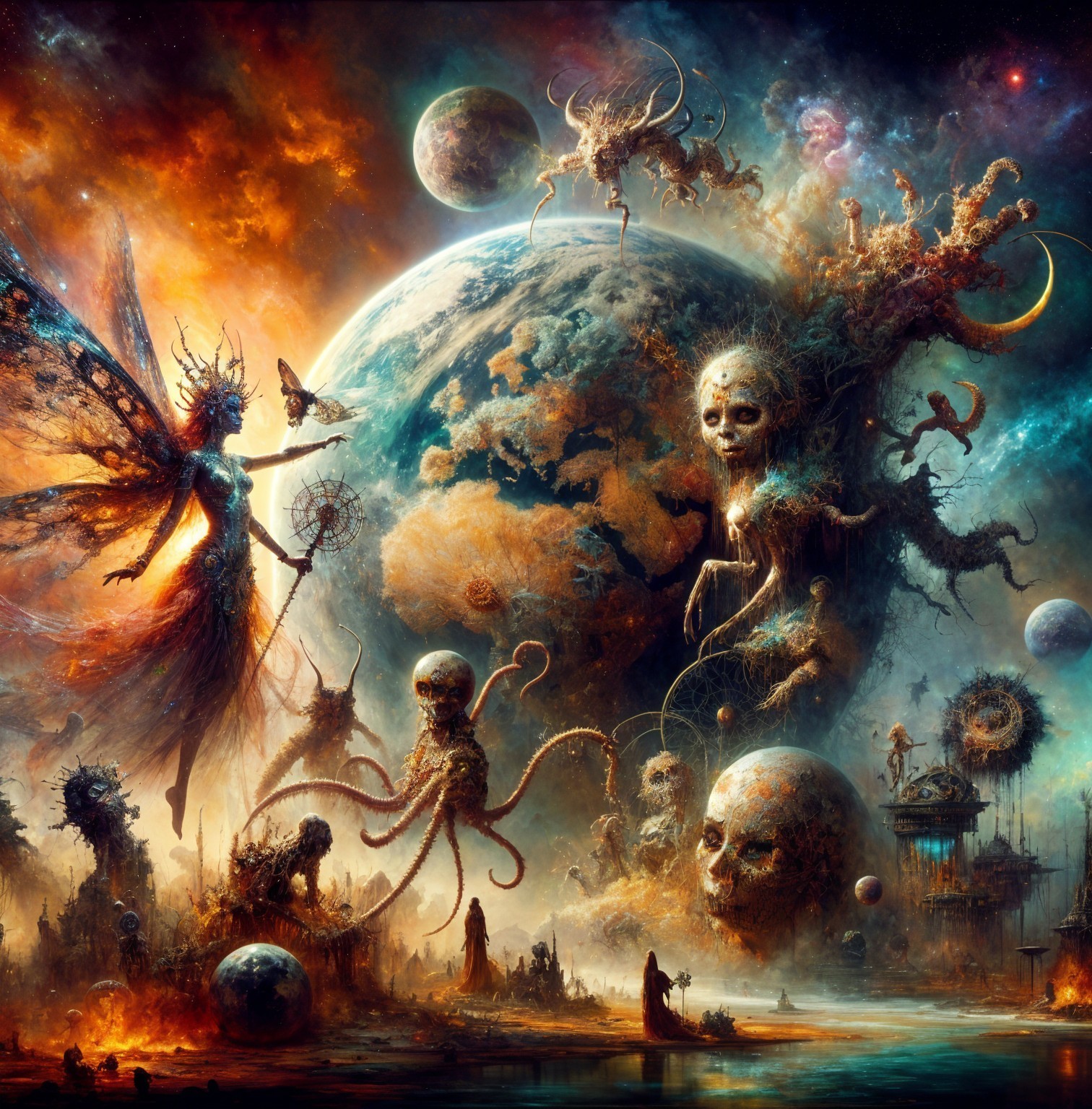 Surreal Cosmic Landscape with Ethereal Fairy and Creatures