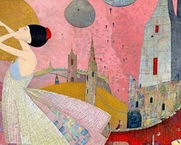 Stylized Painting of a Dancer in a Dreamlike Landscape