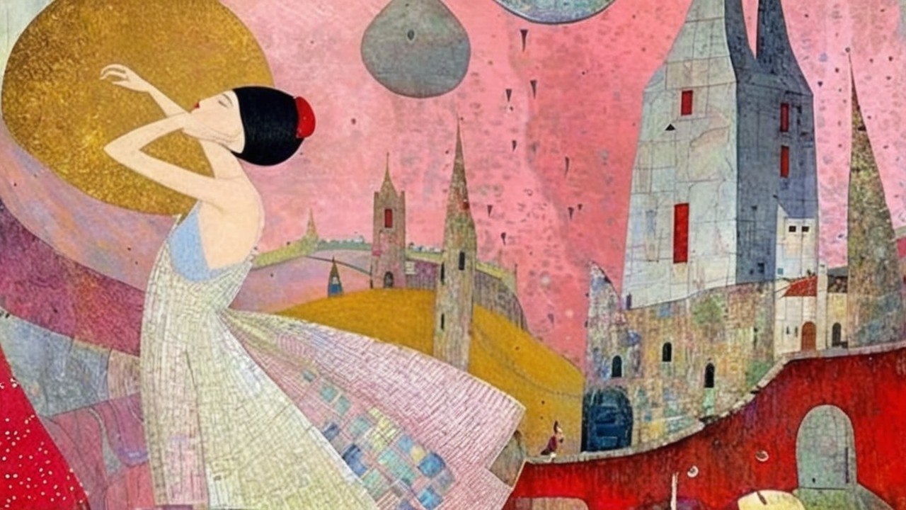 Stylized Painting of a Dancer in a Dreamlike Landscape