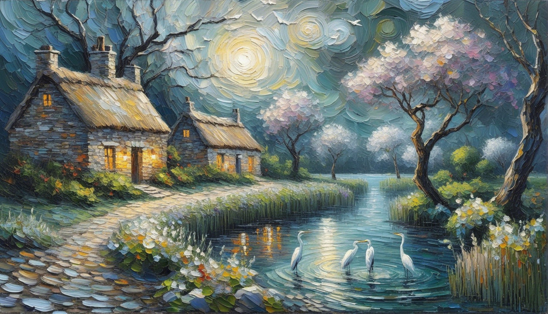 Serene Night Landscape with Cottages and River