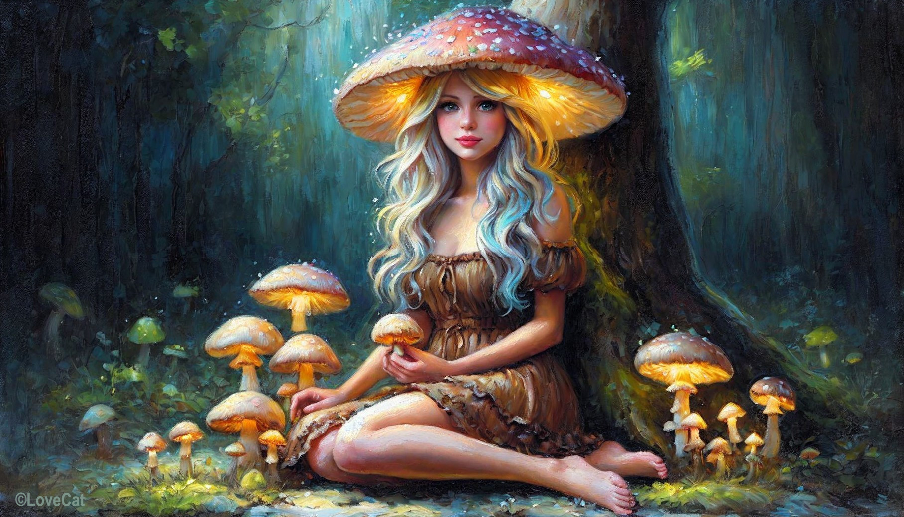 Whimsical Forest Scene with Glowing Mushrooms
