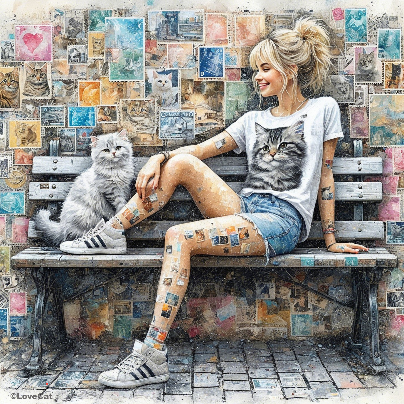Young Woman with Cat in Park by Colorful Mural