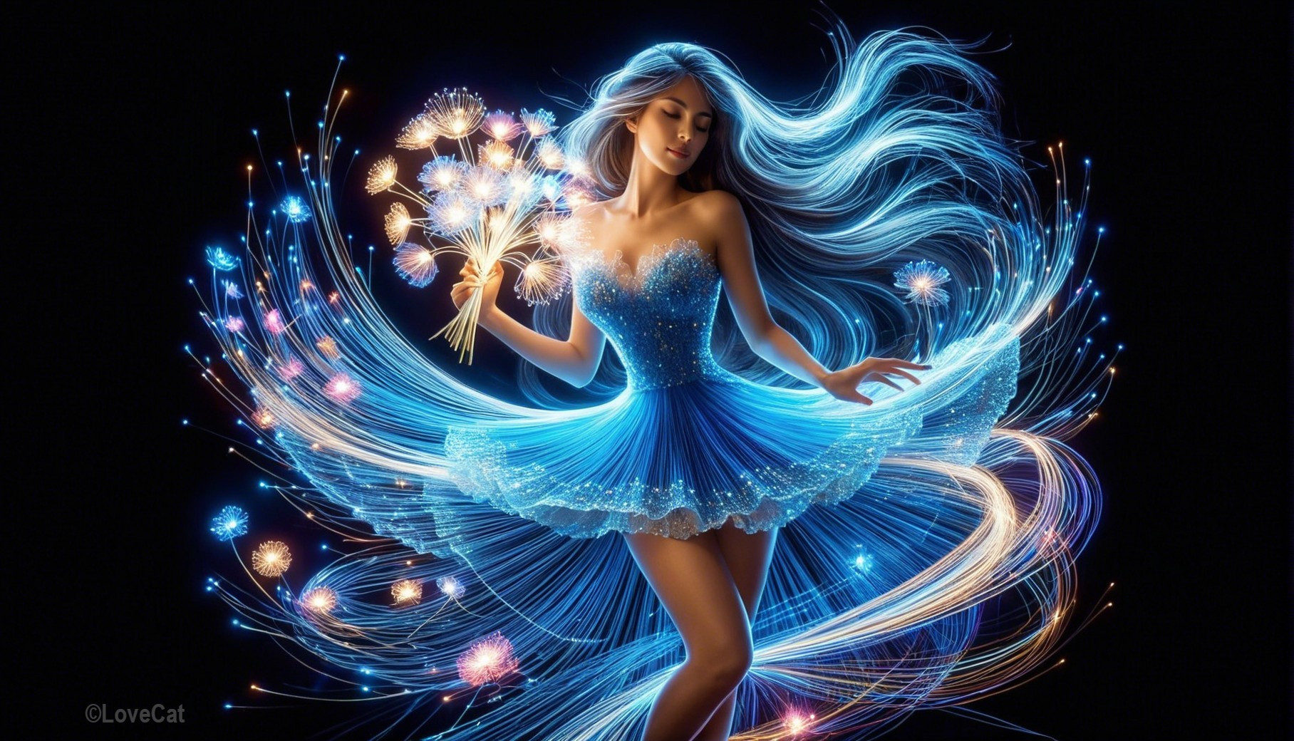 Elegant woman in blue dress with glowing bouquet