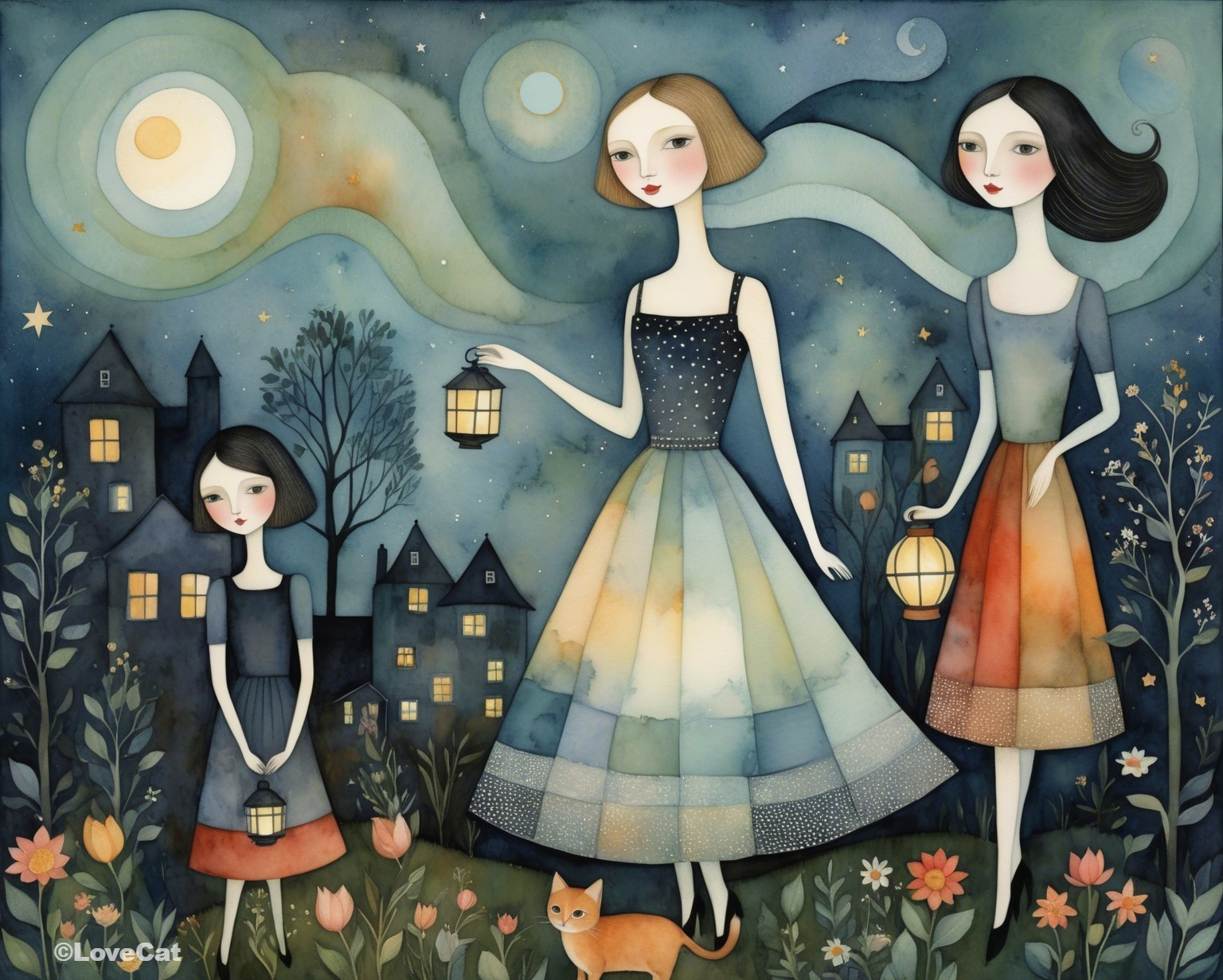 Three Women with Lanterns in a Whimsical Night Scene