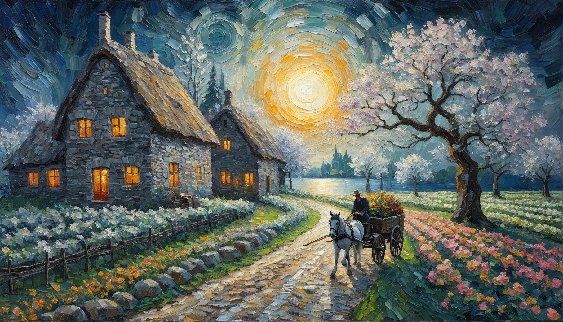 Picturesque Landscape with Cottages and Blooming Flowers
